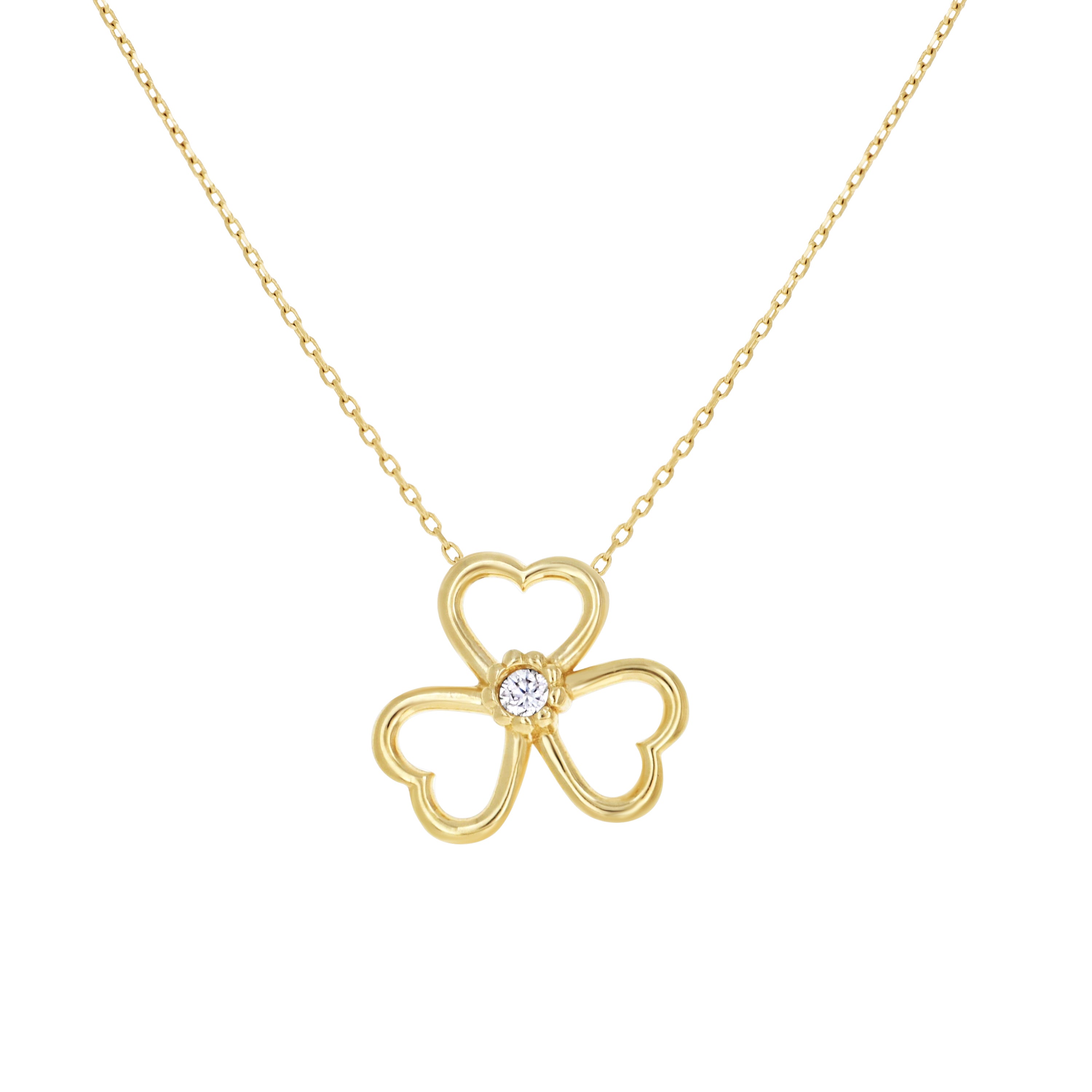 14kt Yellow Gold Womens Cubic-Zirconia Three Leaf Clover Good Luck Necklace 18 Inches