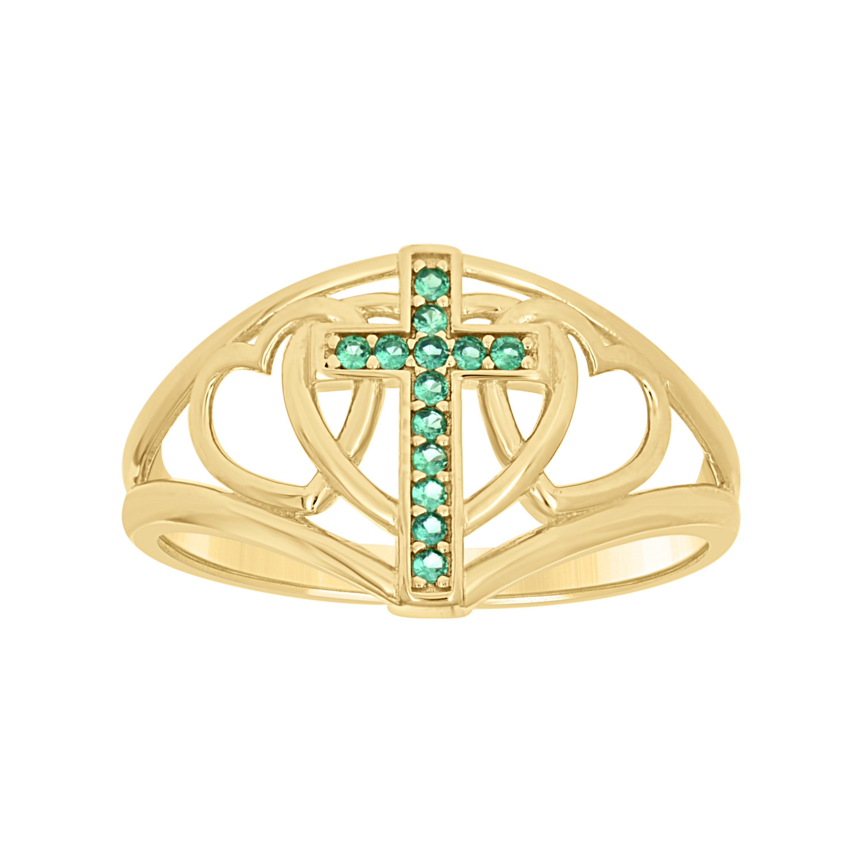 14kt Yellow Gold Womens Green Cubic-Zirconia Cross Hearts Religious Ring Size 7