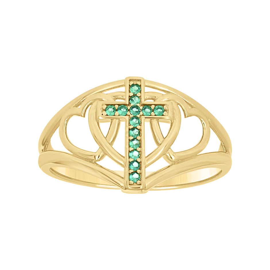 14kt Yellow Gold Womens Green Cubic-Zirconia Cross Hearts Religious Ring Size 7