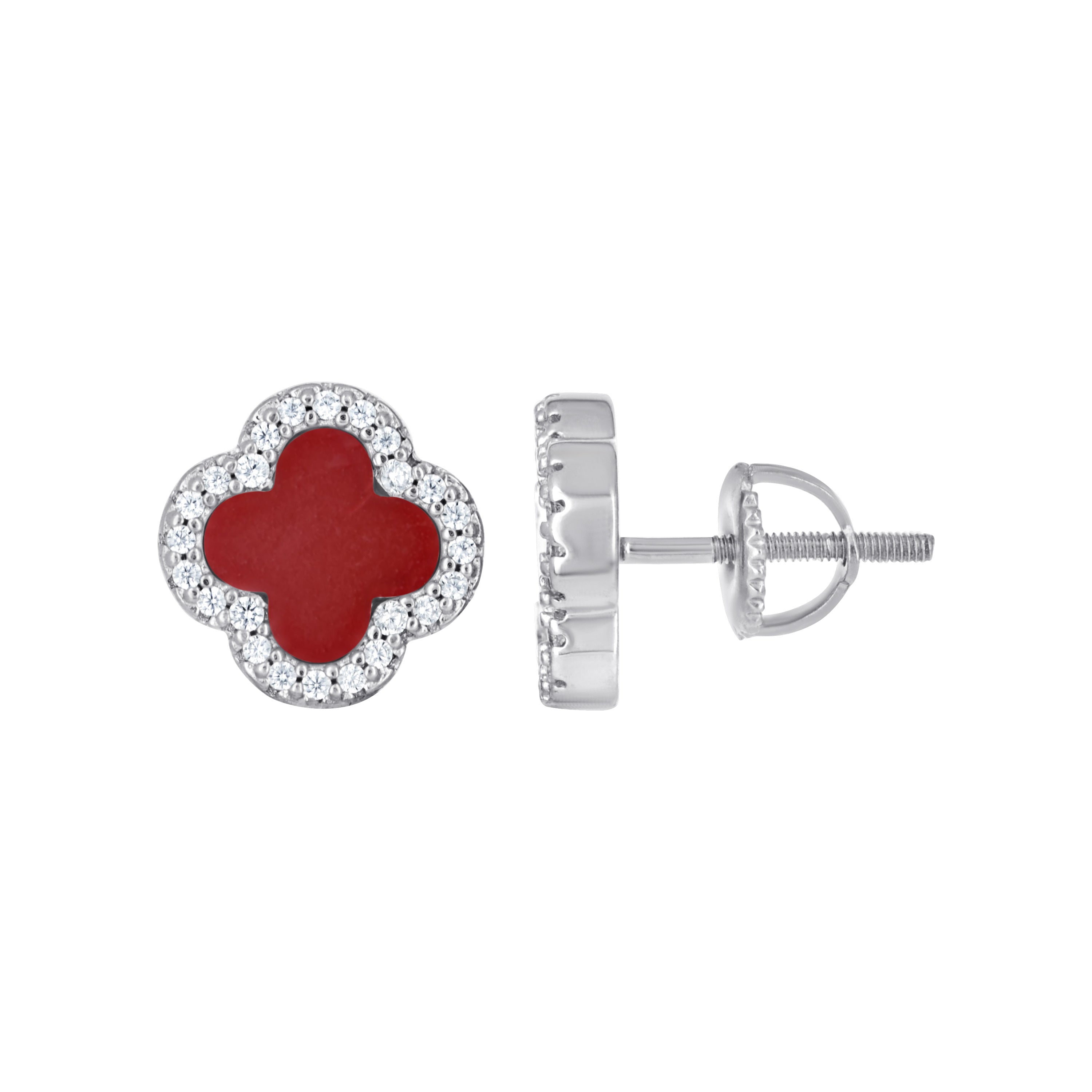 925 Sterling Silver Womens Cubic-Zirconia Red Enameled Clover Good Luck Stud Earrings 10mm