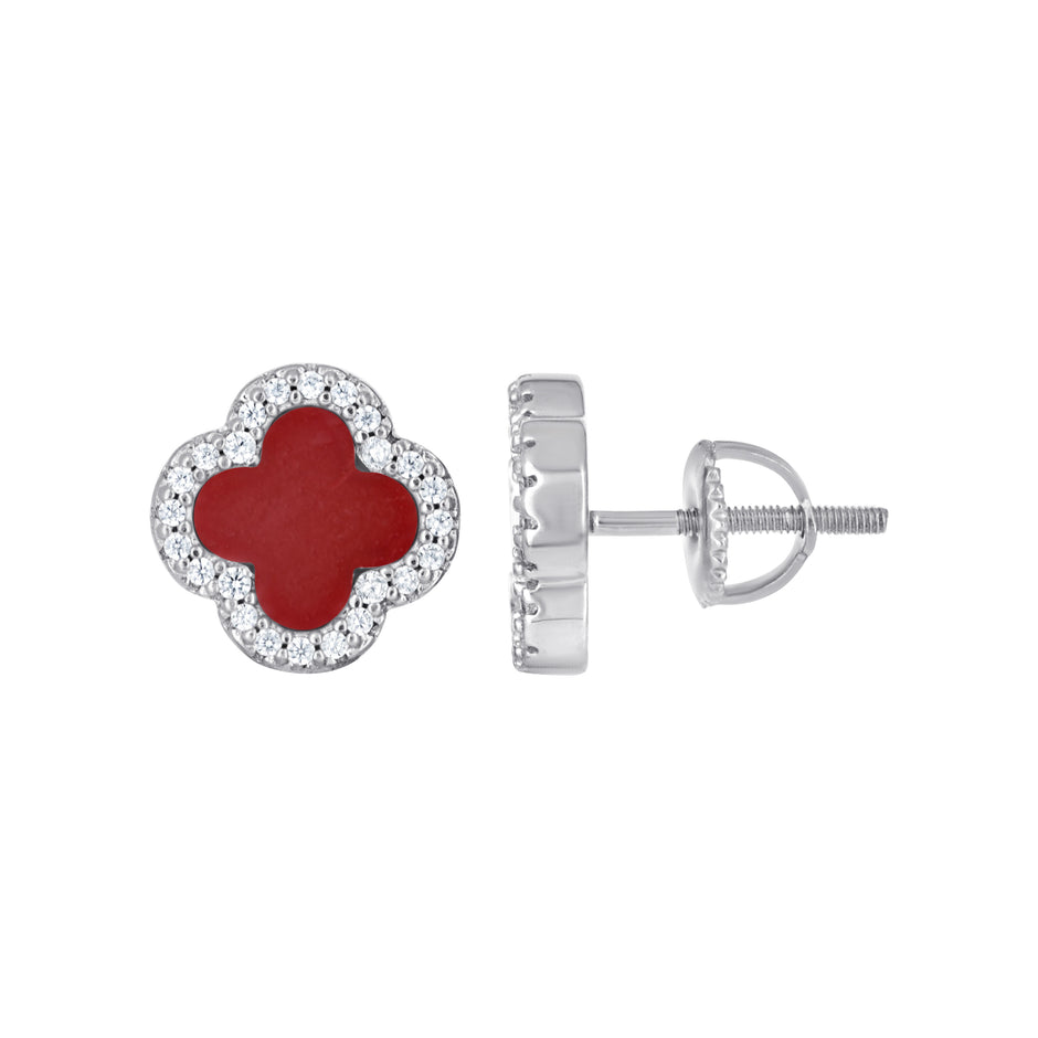 925 Sterling Silver Womens Cubic-Zirconia Red Enameled Clover Good Luck Stud Earrings 10mm