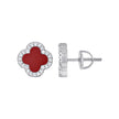 925 Sterling Silver Womens Cubic-Zirconia Red Enameled Clover Good Luck Stud Earrings 10mm