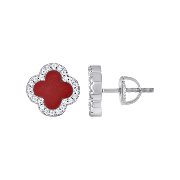 925 Sterling Silver Womens Cubic-Zirconia Red Enameled Clover Good Luck Stud Earrings 10mm