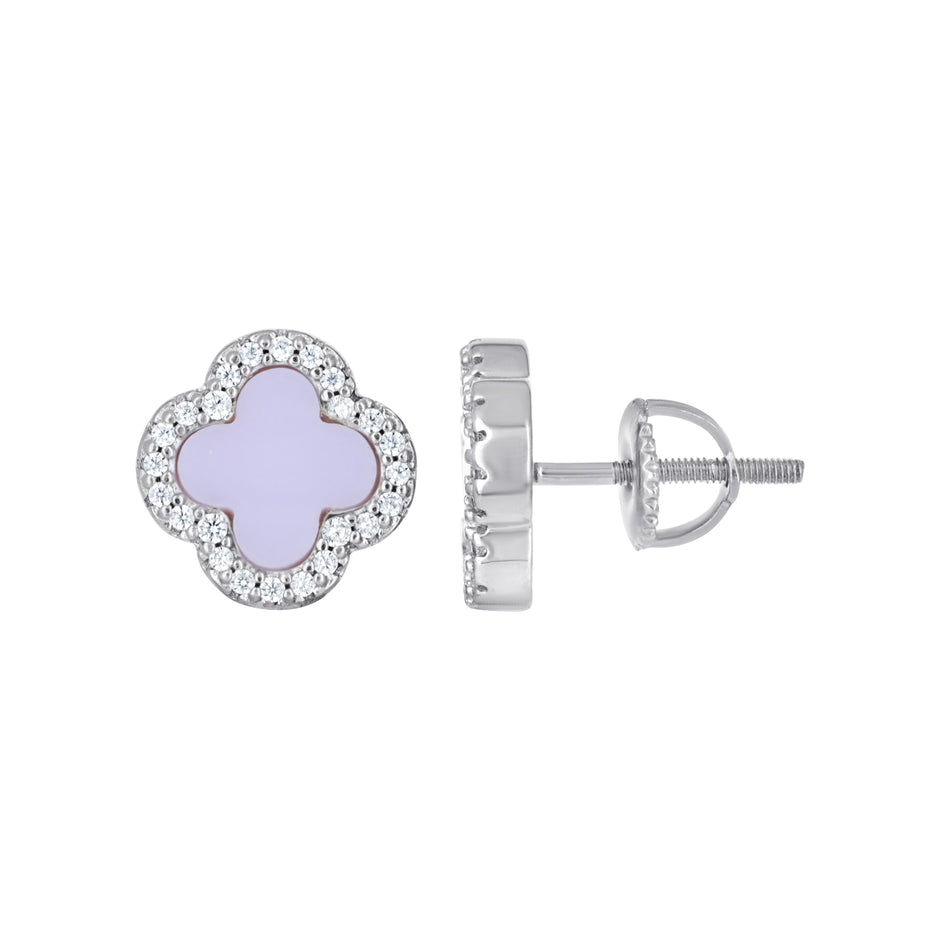 925 Sterling Silver Womens Cubic-Zirconia Purple Enameled Clover Good Luck Stud Earrings 10mm