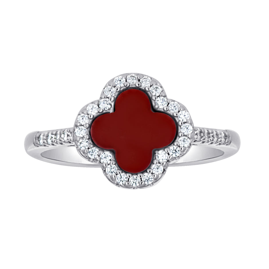 925 Sterling Silver Womens Cubic-Zirconia Red Enameled Clover Good Luck Ring Size 5