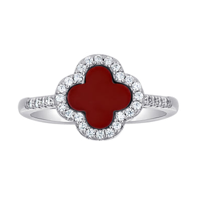 925 Sterling Silver Womens Cubic-Zirconia Red Enameled Clover Good Luck Ring Size 10 - SLV-143132