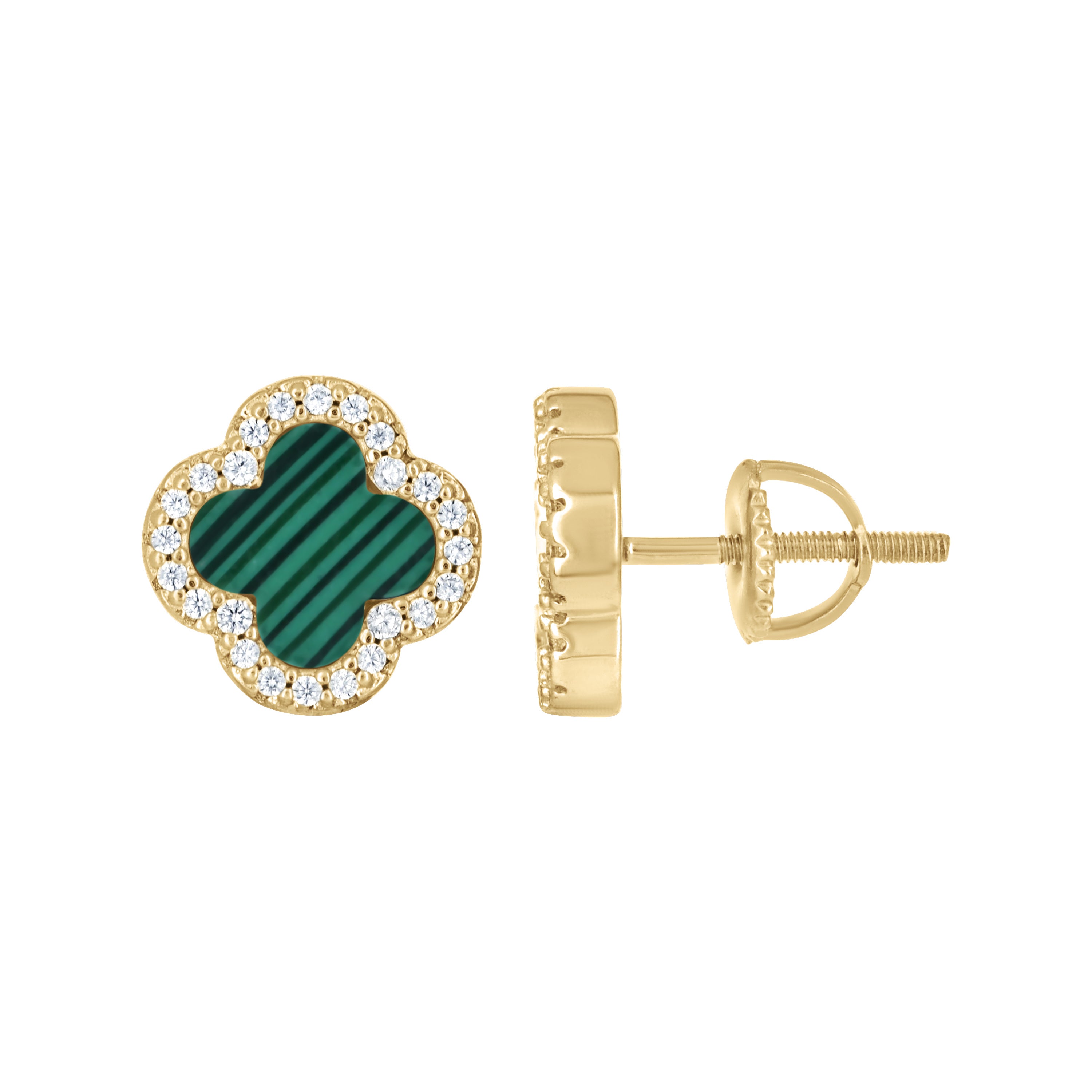 925 Sterling Silver Yellow-Tone Womens Cubic-Zirconia Green Enameled Clover Stud Earrings 10mm