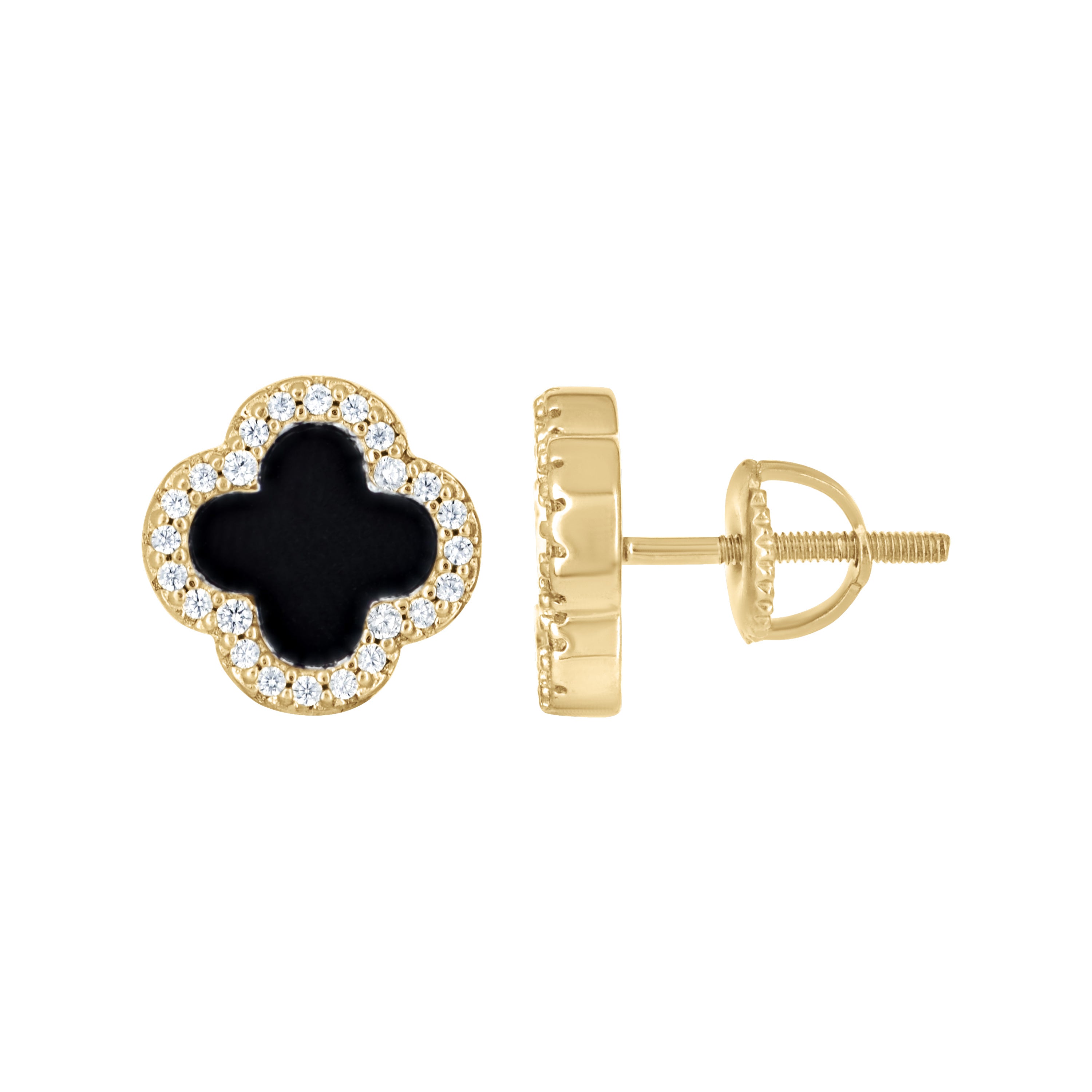 925 Sterling Silver Yellow-Tone Womens Cubic-Zirconia Black Enameled Clover Stud Earrings 10mm