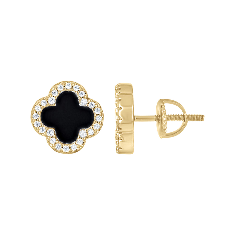 925 Sterling Silver Yellow-Tone Womens Cubic-Zirconia Black Enameled Clover Stud Earrings 10mm