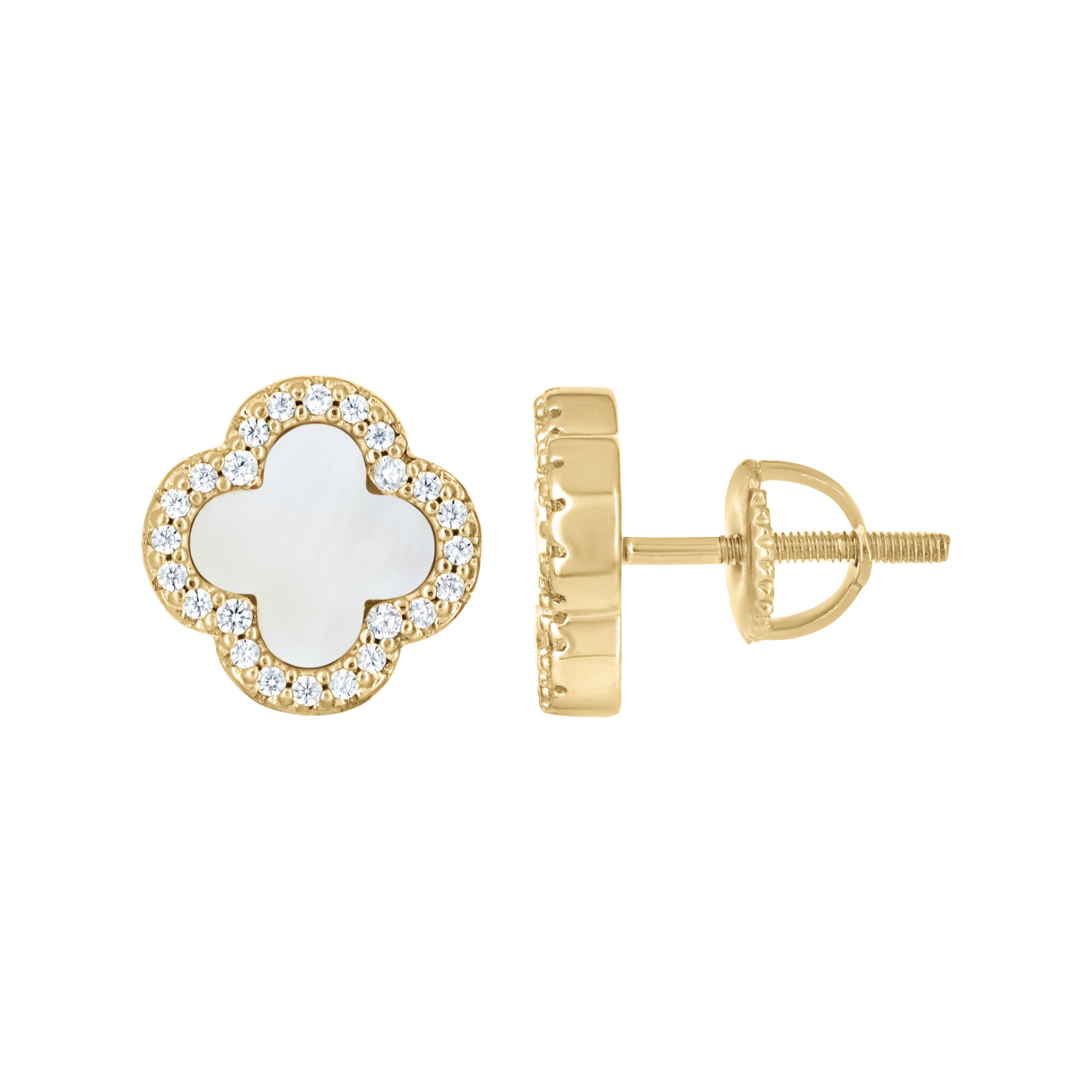 925 Sterling Silver Yellow-Tone Womens Cubic-Zirconia White Enameled Clover Stud Earrings 10mm