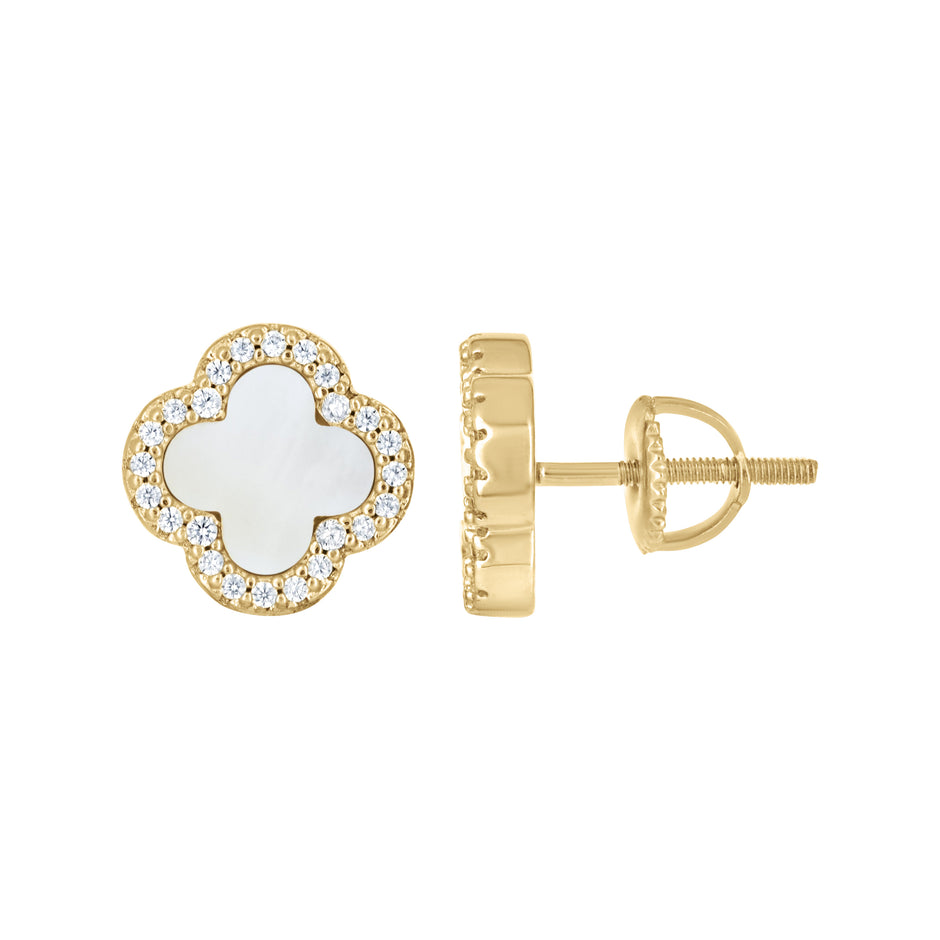 925 Sterling Silver Yellow-Tone Womens Cubic-Zirconia White Enameled Clover Stud Earrings 10mm