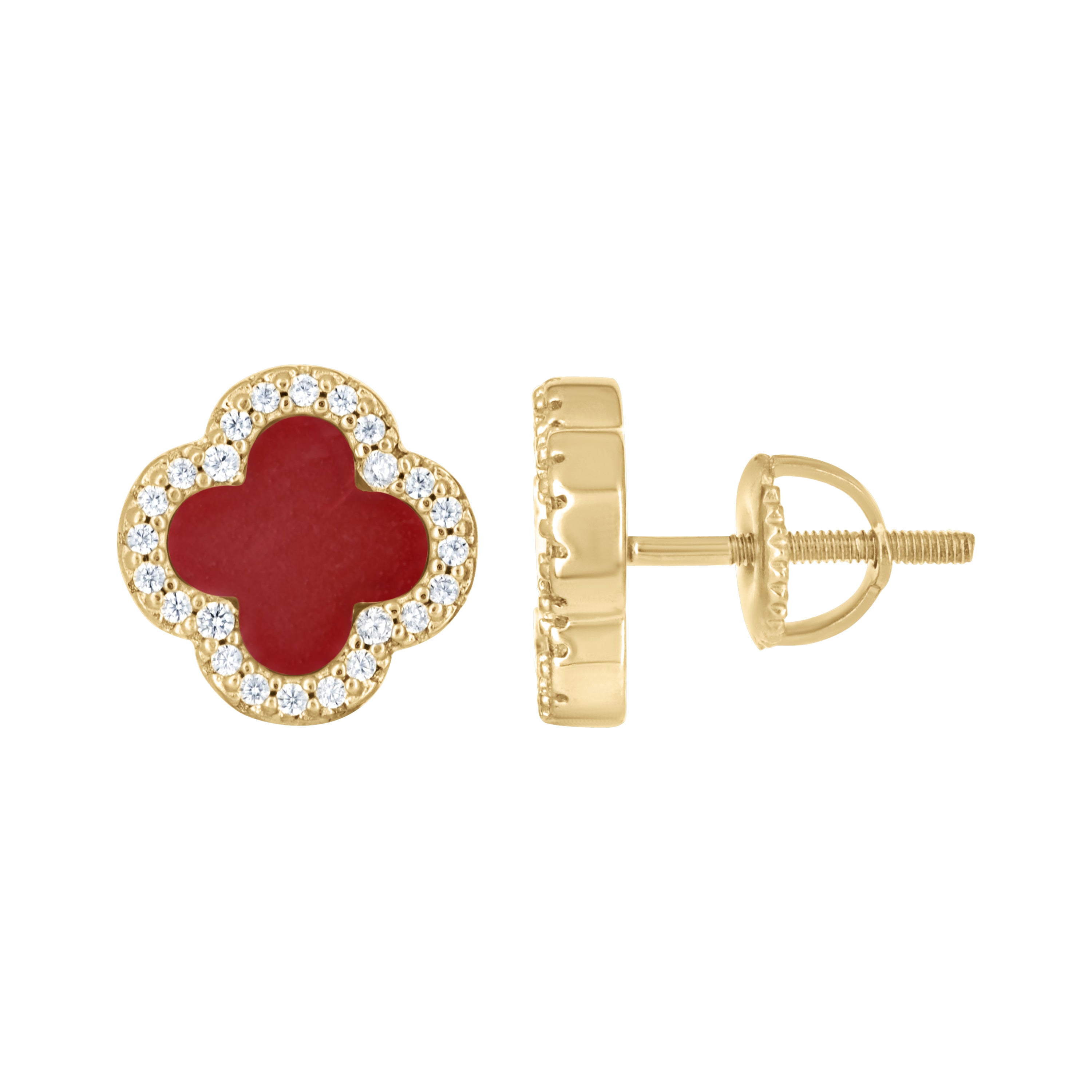 925 Sterling Silver Yellow-Tone Womens Cubic-Zirconia Red Enameled Clover Stud Earrings 10mm