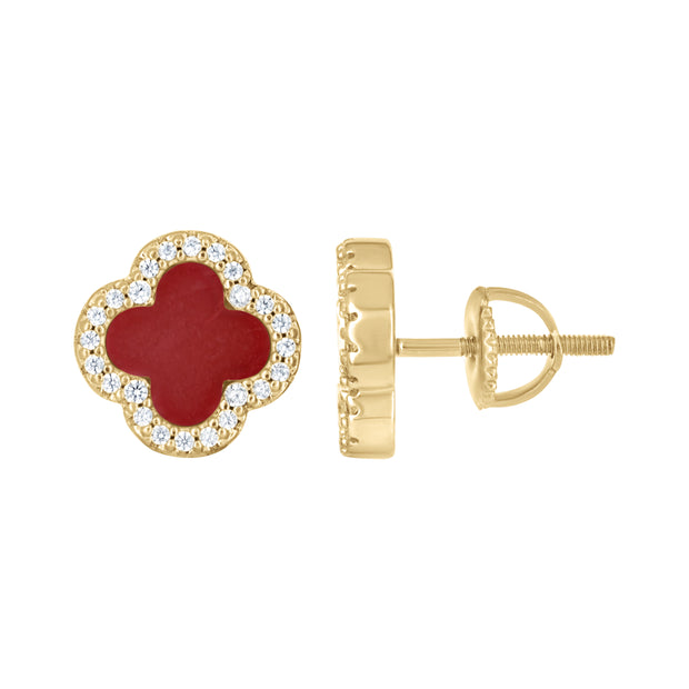 925 Sterling Silver Yellow-Tone Womens Cubic-Zirconia Red Enameled Clover Stud Earrings 10mm