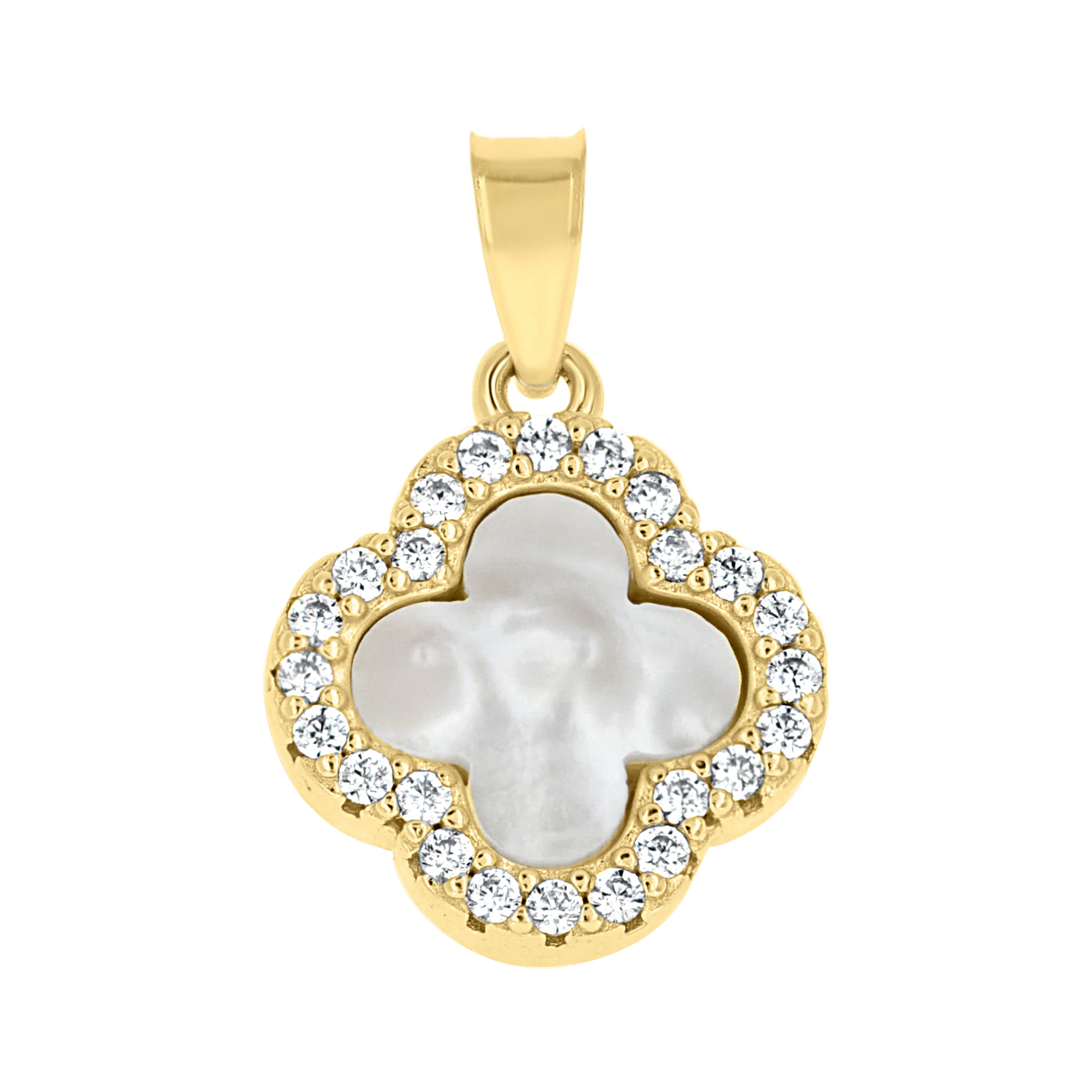 925 Sterling Silver Yellow-Tone Womens Cubic-Zirconia White Enameled Clover Good Luck Pendant 