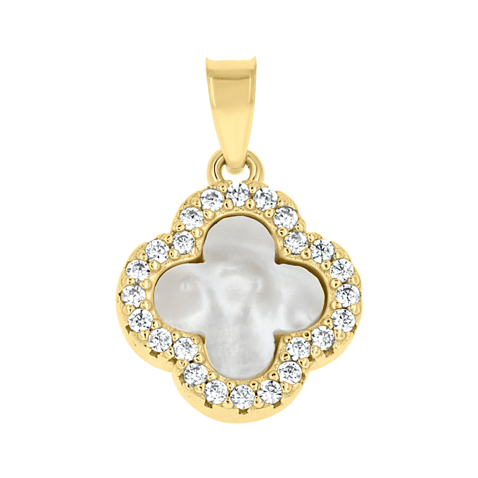 925 Sterling Silver Yellow-Tone Womens Cubic-Zirconia White Enameled Clover Good Luck Pendant 