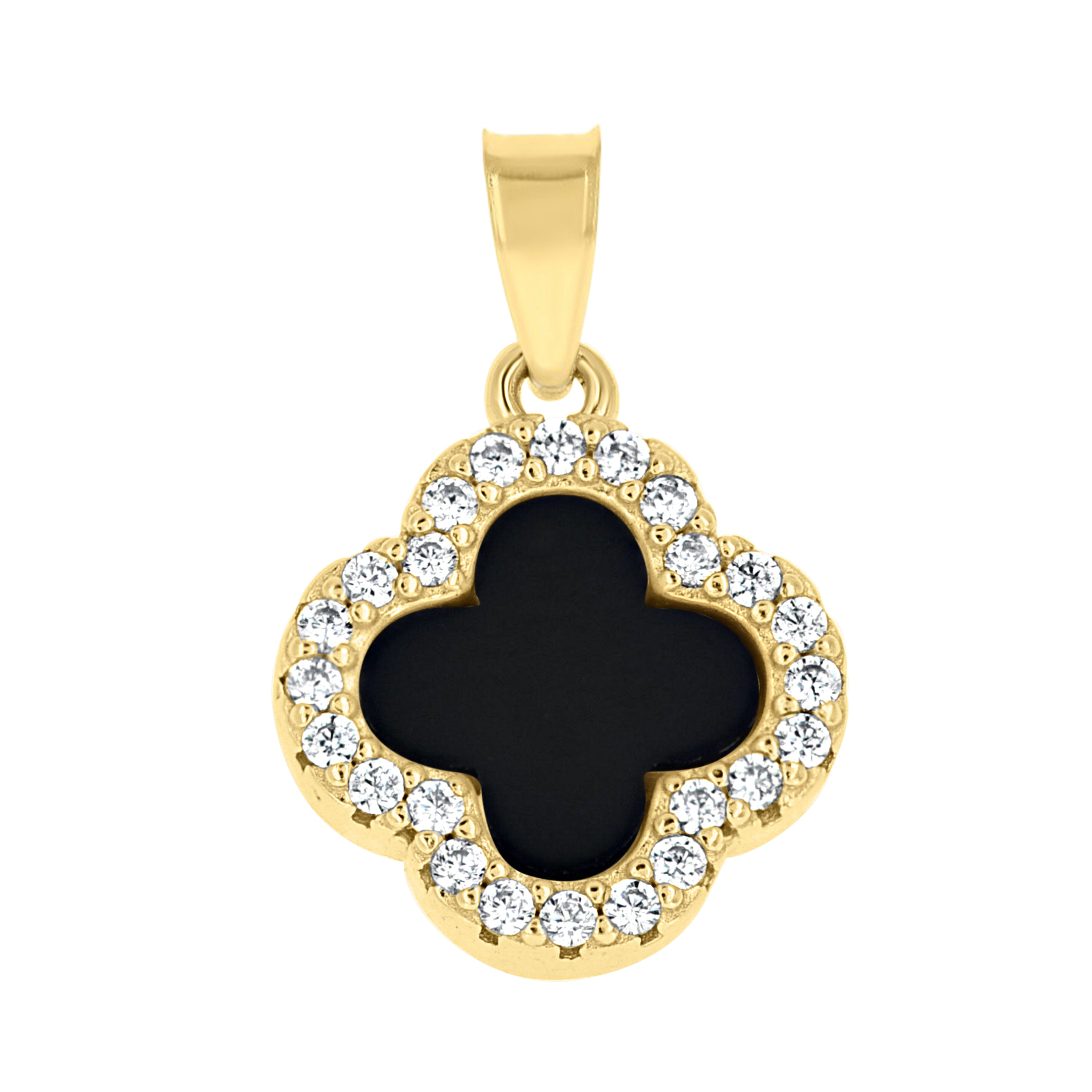 925 Sterling Silver Yellow-Tone Womens Cubic-Zirconia Black Enameled Clover Good Luck Pendant 