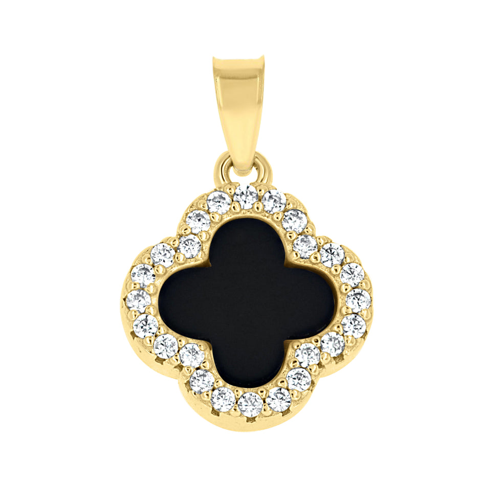 925 Sterling Silver Yellow-Tone Womens Cubic-Zirconia Black Enameled Clover Good Luck Pendant 