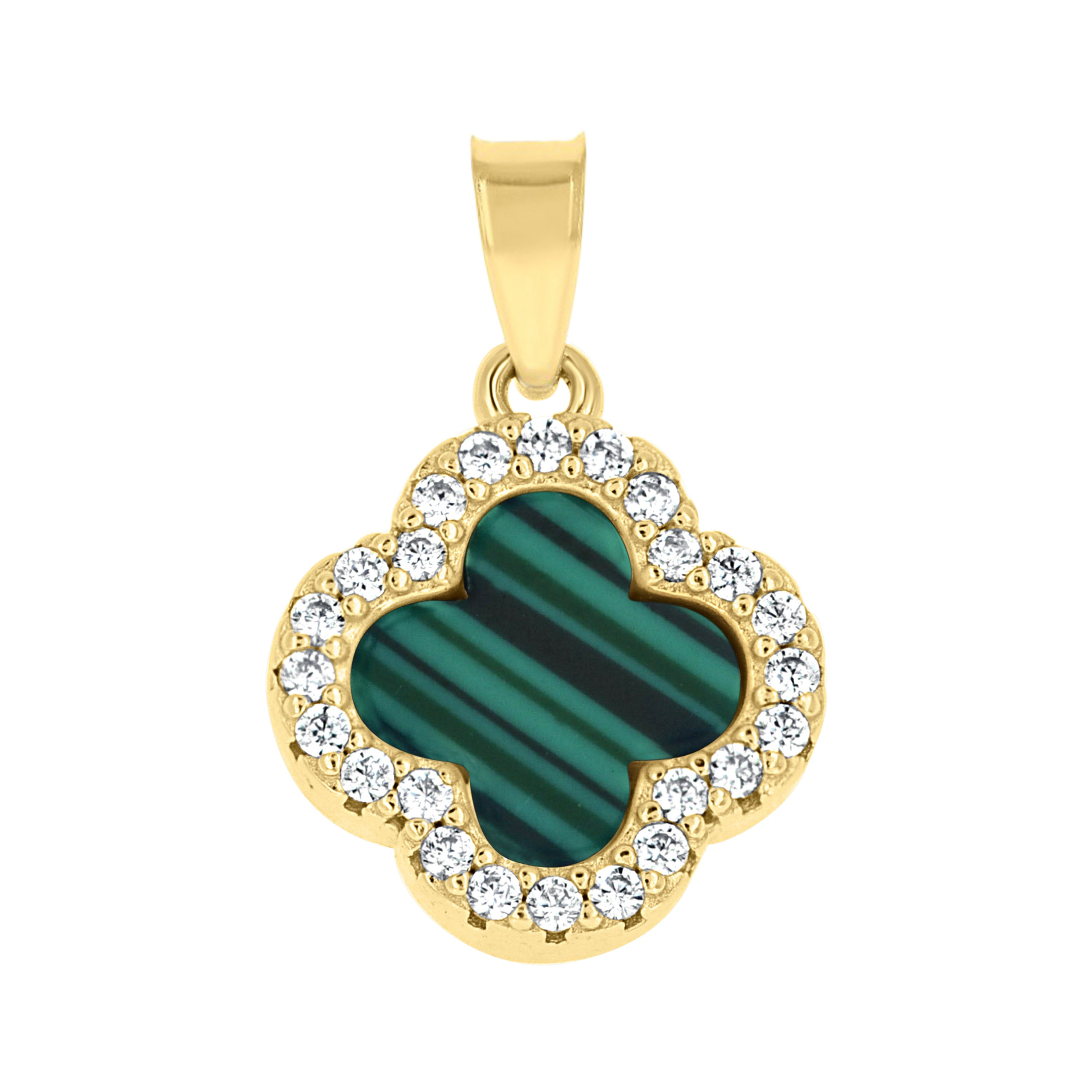 925 Sterling Silver Yellow-Tone Womens Cubic-Zirconia Green Enameled Clover Good Luck Pendant 