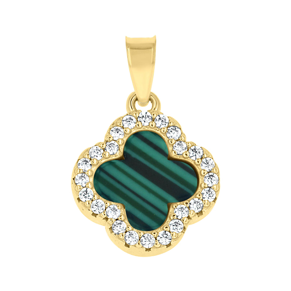 925 Sterling Silver Yellow-Tone Womens Cubic-Zirconia Green Enameled Clover Good Luck Pendant 