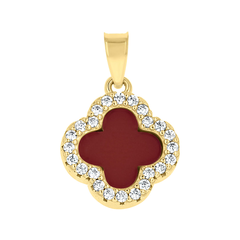 925 Sterling Silver Yellow-Tone Womens Cubic-Zirconia Red Enameled Clover Good Luck Pendant 