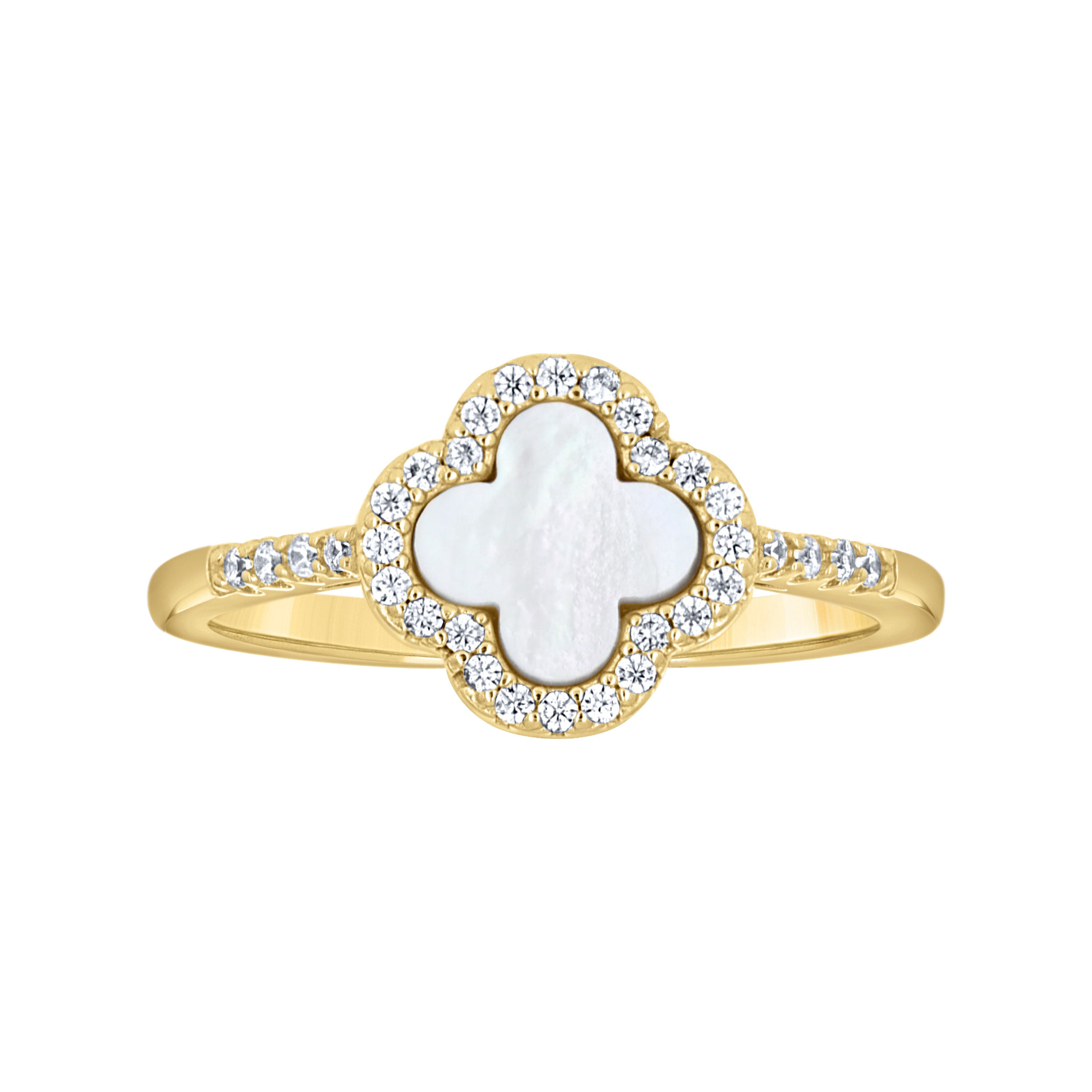 925 Sterling Silver Yellow-Tone Womens Cubic-Zirconia White Enameled Clover Good Luck Ring Size 10 - SLV-143181