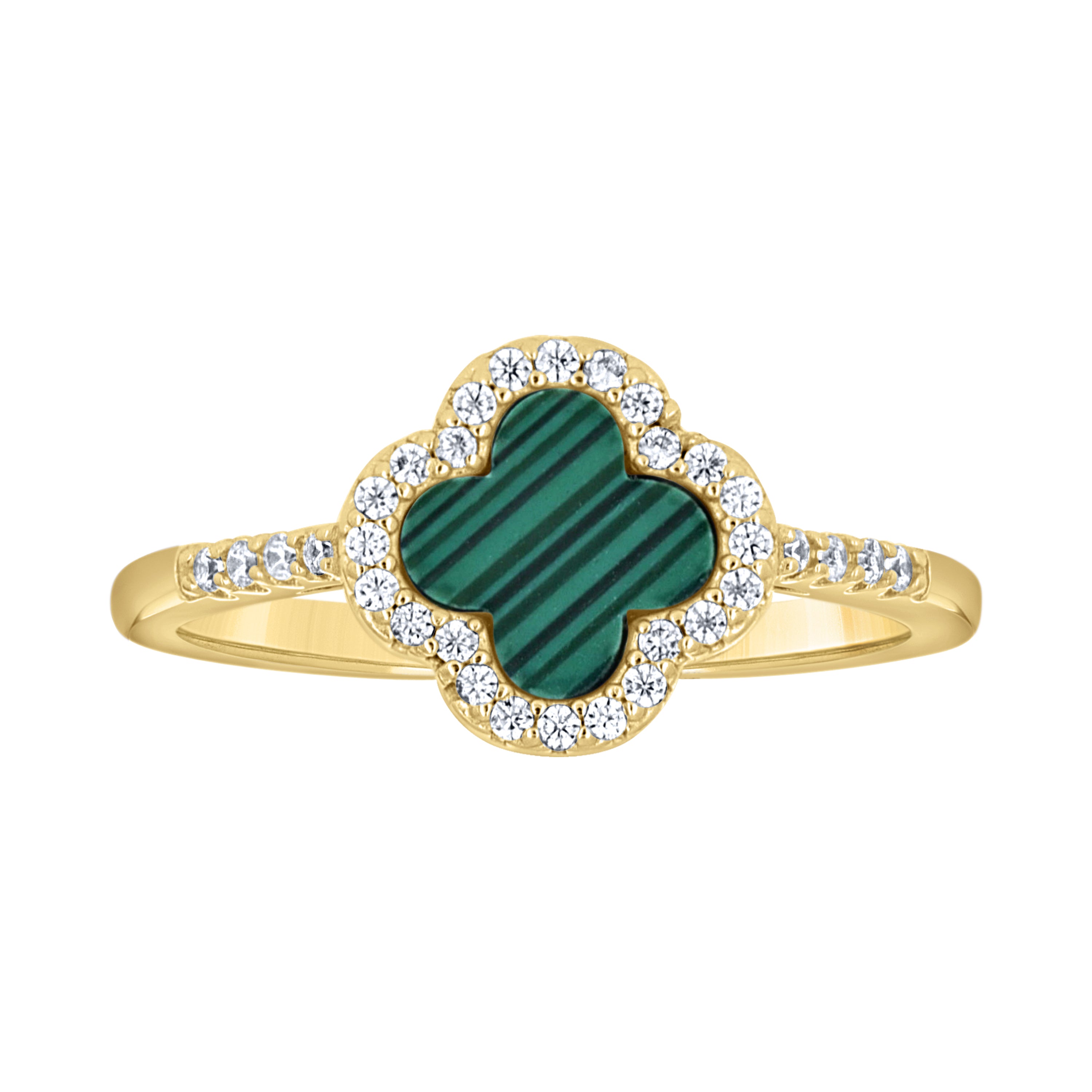 925 Sterling Silver Yellow-Tone Womens Cubic-Zirconia Green Enameled Clover Good Luck Ring Size 10 - SLV-143188