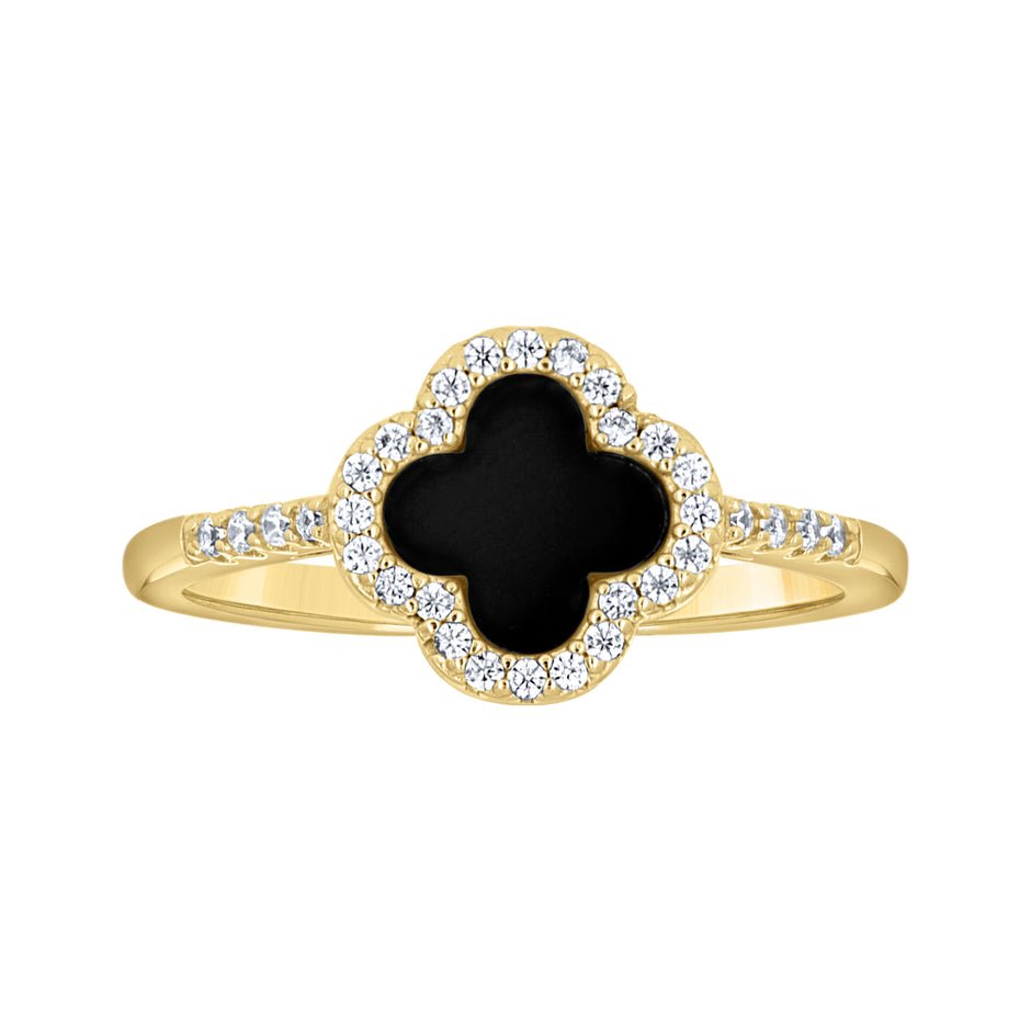 925 Sterling Silver Yellow-Tone Womens Cubic-Zirconia Black Enameled Clover Good Luck Ring Size 10 - SLV-143195