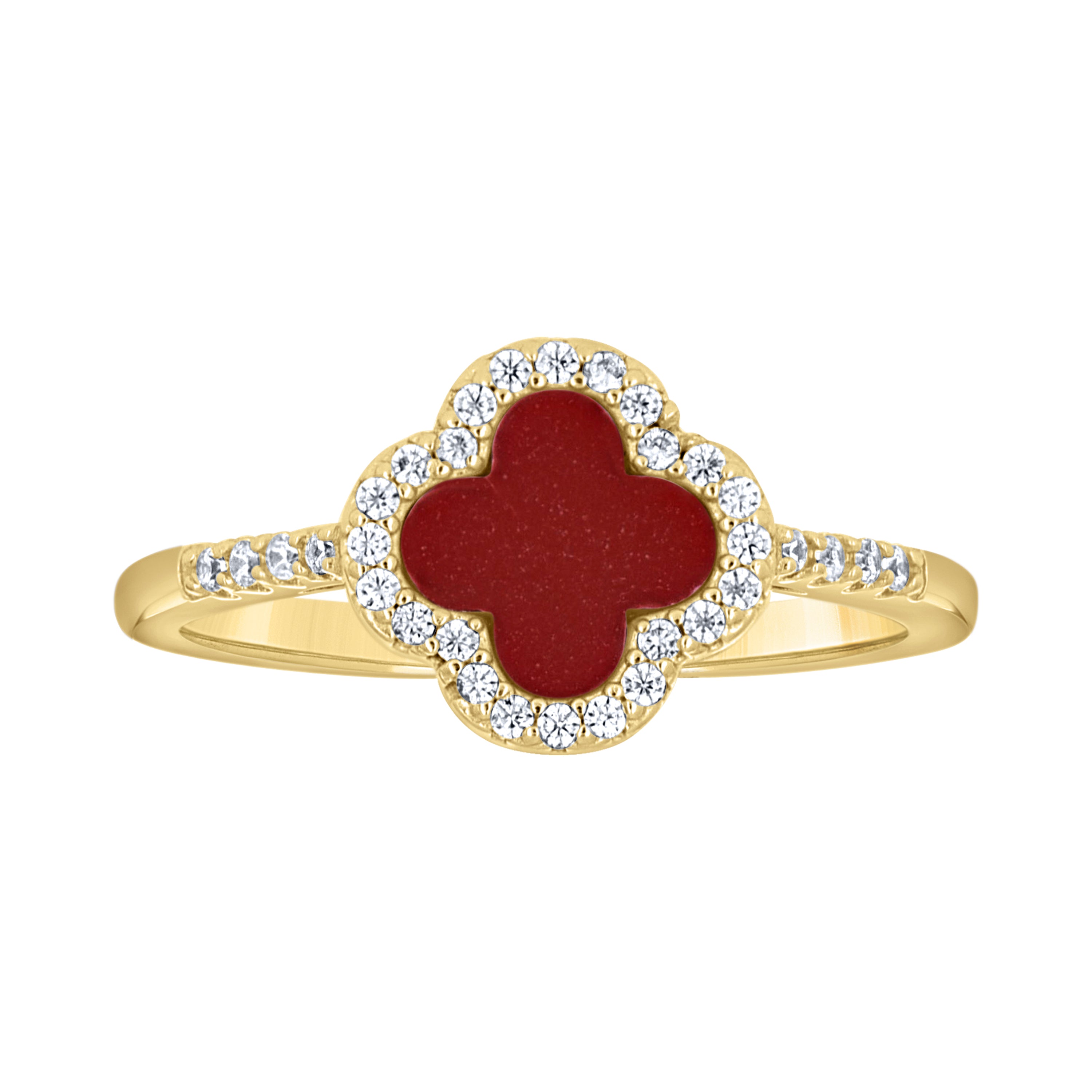 925 Sterling Silver Yellow-Tone Womens Cubic-Zirconia Red Enameled Clover Good Luck Ring Size 5