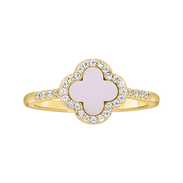 925 Sterling Silver Yellow-Tone Womens Cubic-Zirconia Pink Enameled Clover Good Luck Ring Size 9 - SLV-143208