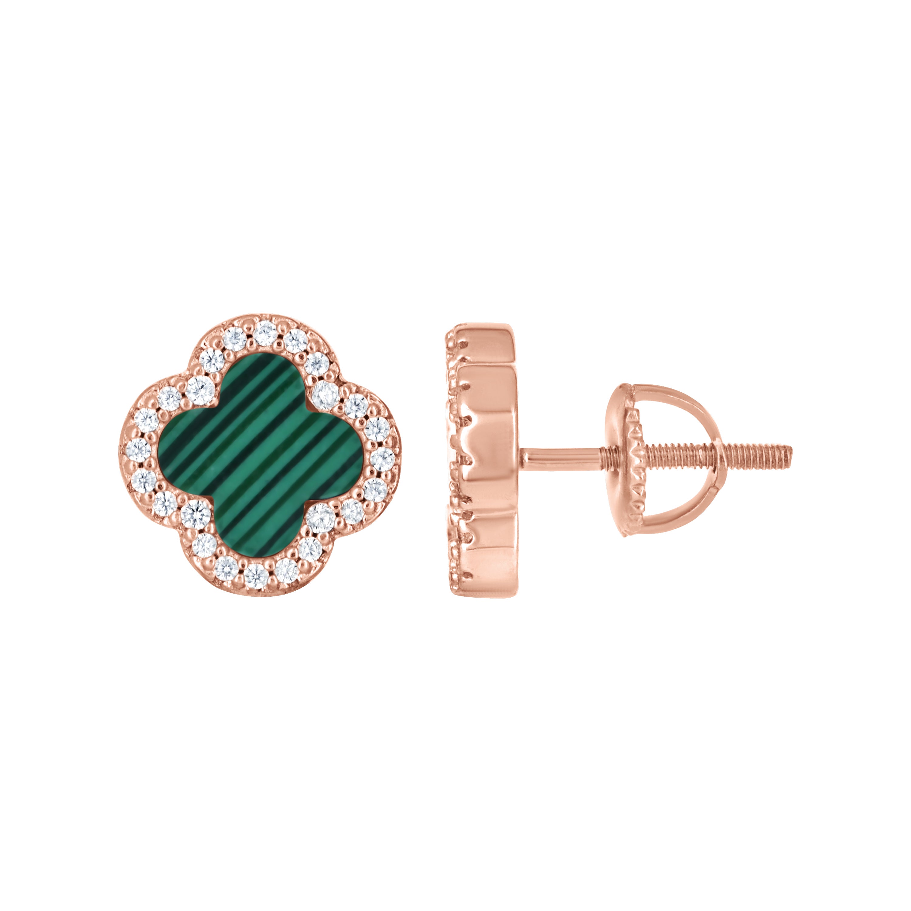 925 Sterling Silver Rose-Tone Womens Cubic-Zirconia Green Enameled Clover Stud Earrings 10mm