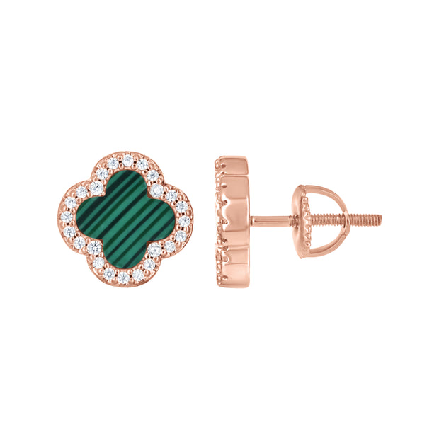 925 Sterling Silver Rose-Tone Womens Cubic-Zirconia Green Enameled Clover Stud Earrings 10mm