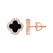 925 Sterling Silver Rose-Tone Womens Cubic-Zirconia Black Enameled Clover Stud Earrings 10mm