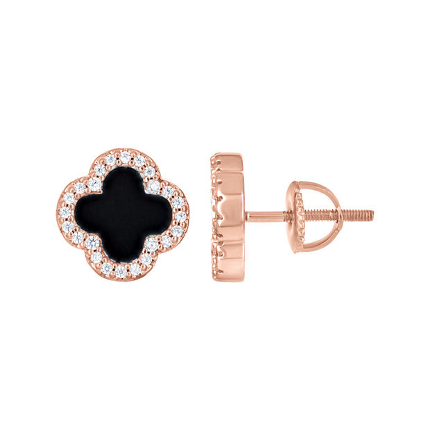 925 Sterling Silver Rose-Tone Womens Cubic-Zirconia Black Enameled Clover Stud Earrings 10mm