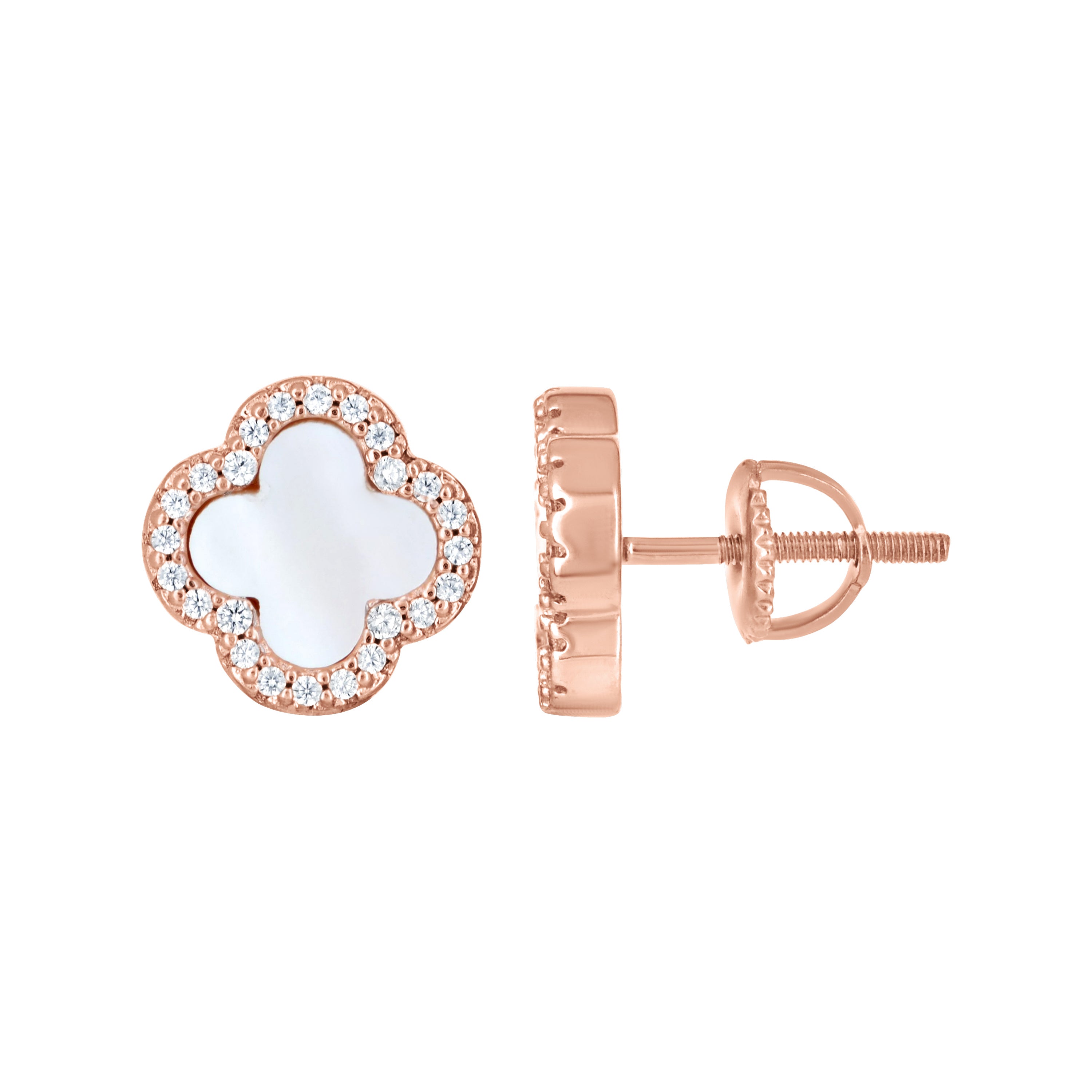 925 Sterling Silver Rose-Tone Womens Cubic-Zirconia White Enameled Clover Stud Earrings 10mm