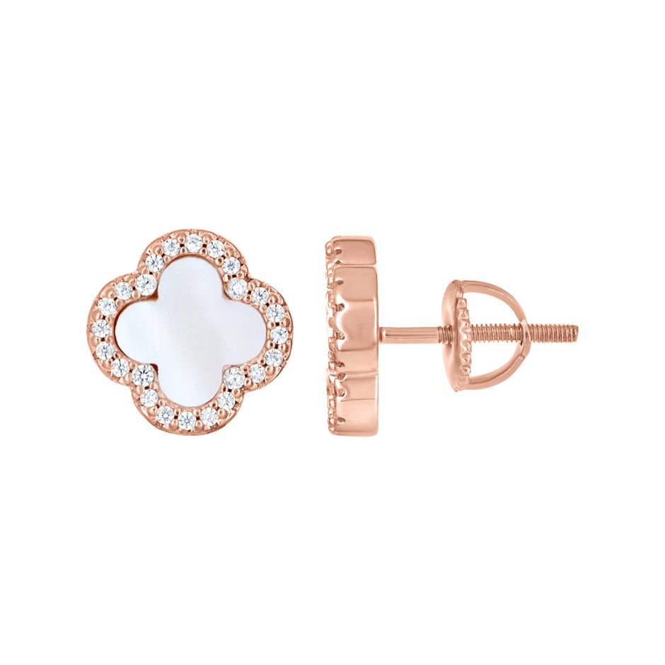925 Sterling Silver Rose-Tone Womens Cubic-Zirconia White Enameled Clover Stud Earrings 10mm