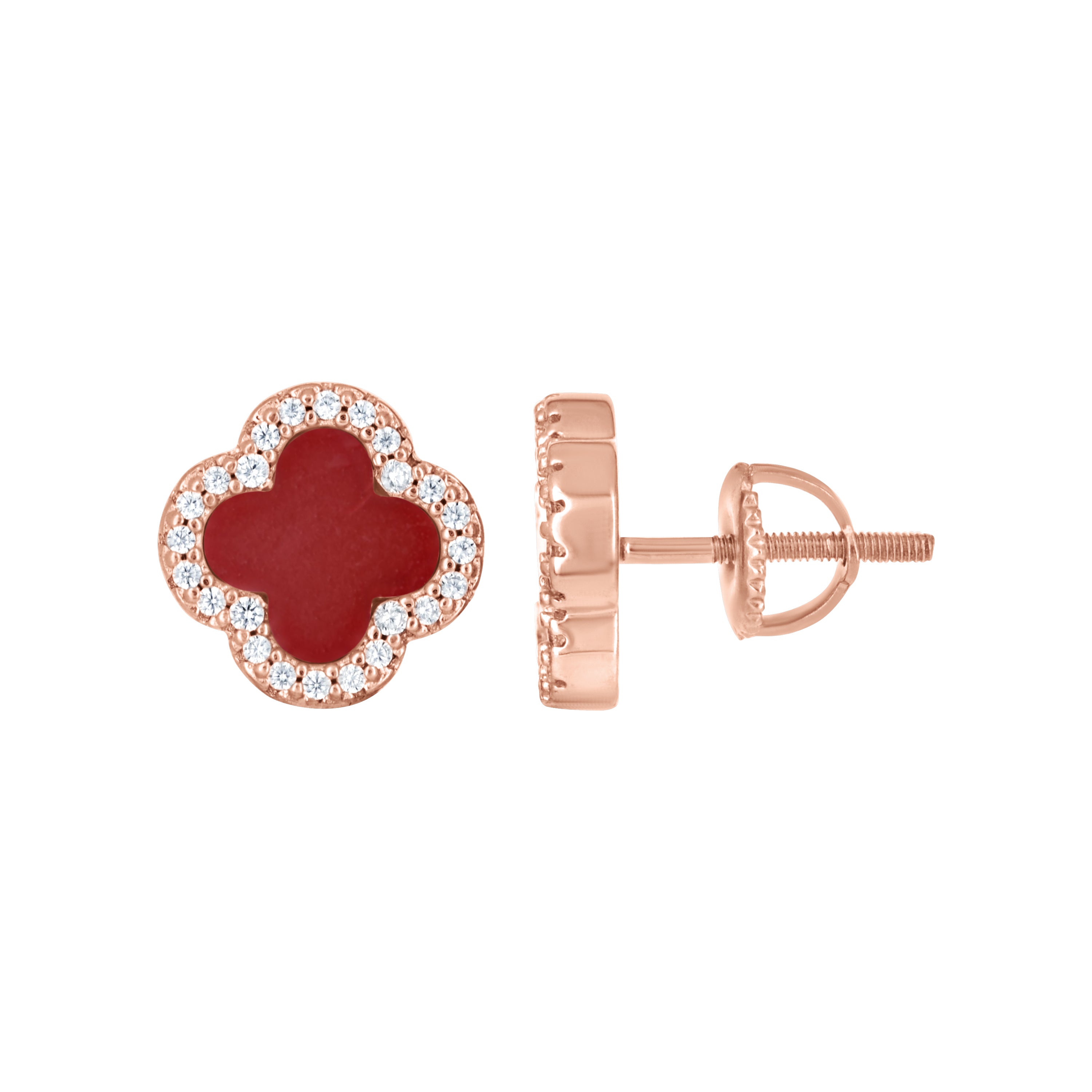 925 Sterling Silver Rose-Tone Womens Cubic-Zirconia Red Enameled Clover Stud Earrings 10mm