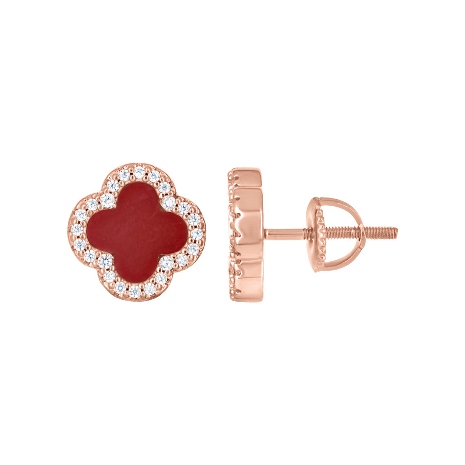 925 Sterling Silver Rose-Tone Womens Cubic-Zirconia Red Enameled Clover Stud Earrings 10mm