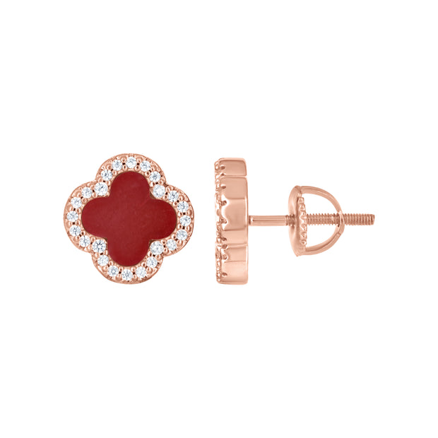 925 Sterling Silver Rose-Tone Womens Cubic-Zirconia Red Enameled Clover Stud Earrings 10mm