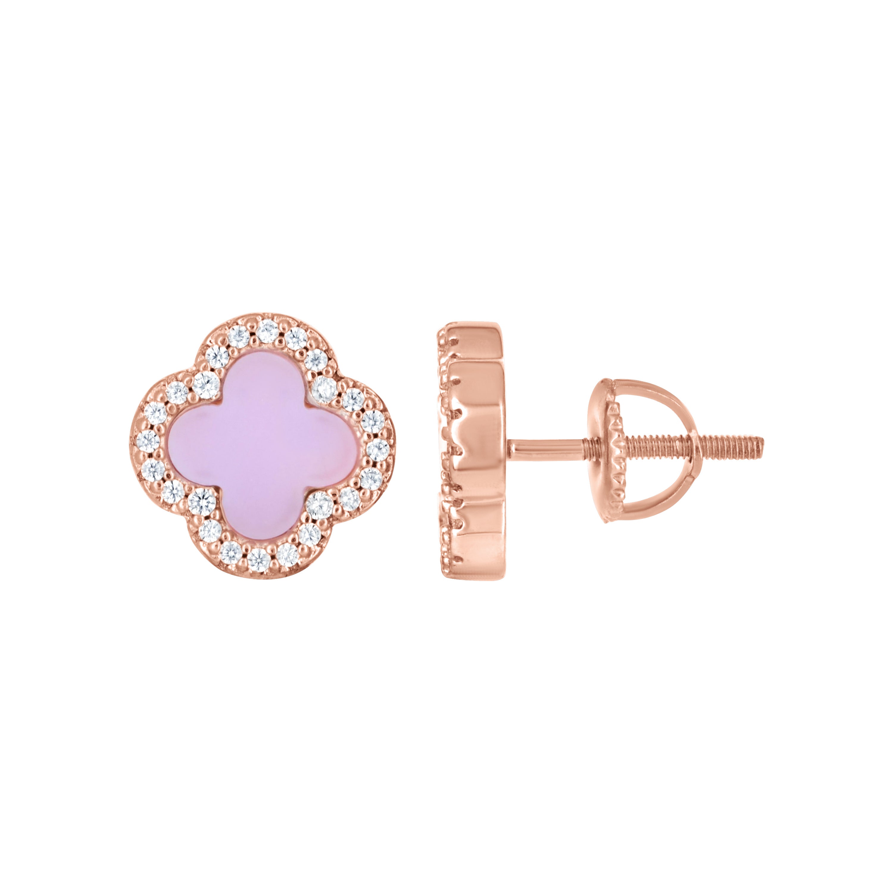 925 Sterling Silver Rose-Tone Womens Cubic-Zirconia Purple Enameled Clover Stud Earrings 10mm