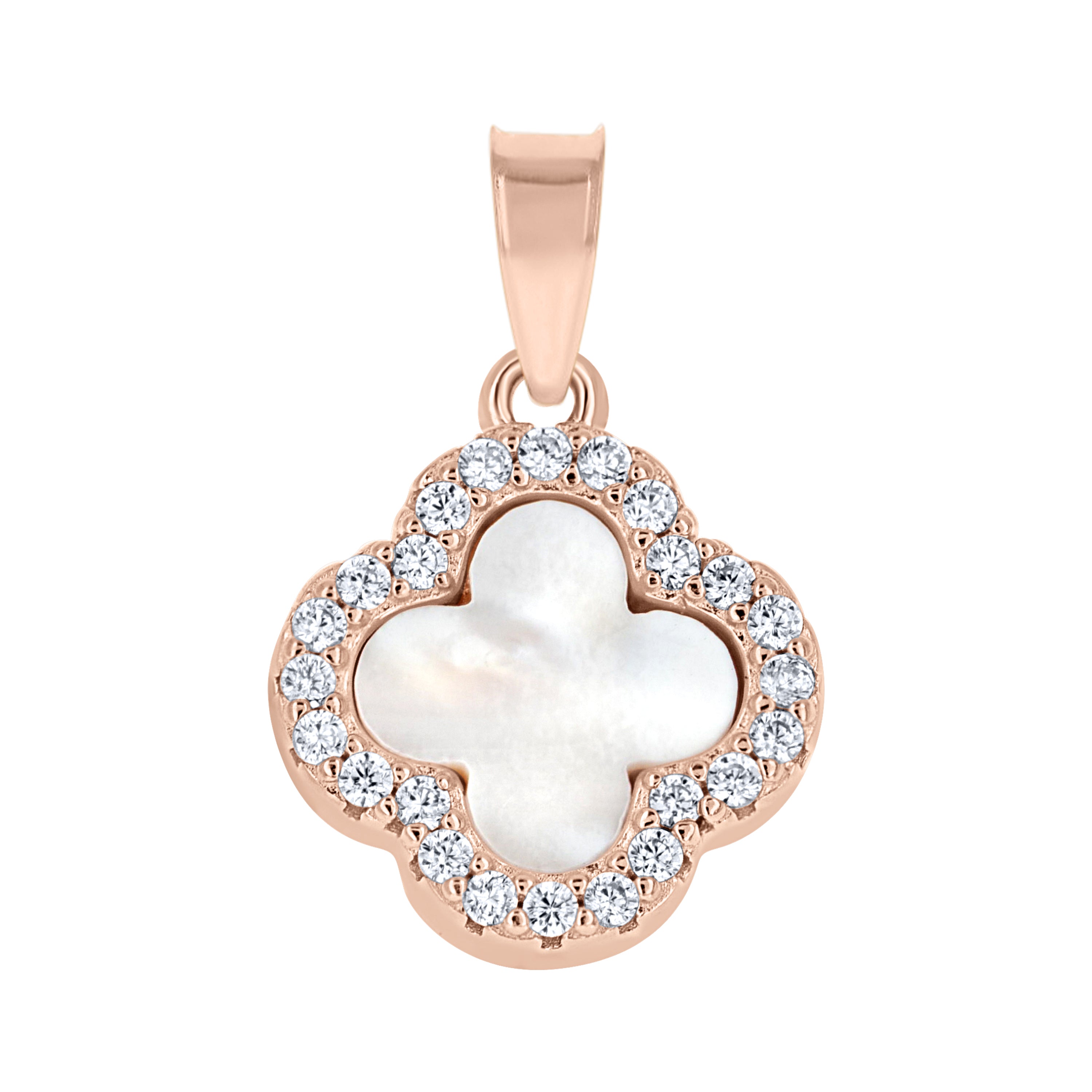 925 Sterling Silver Rose-Tone Womens Cubic-Zirconia White Enameled Clover Good Luck Pendant 