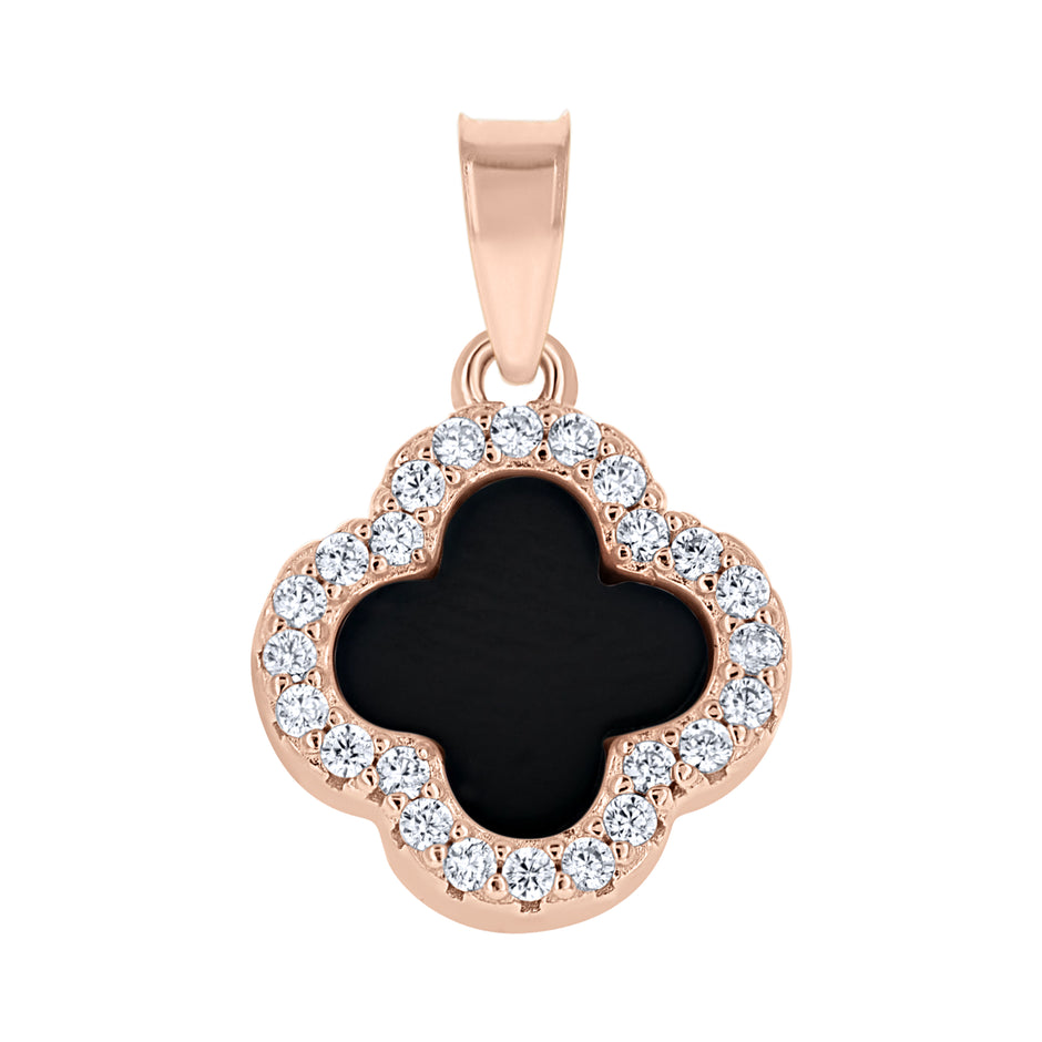 925 Sterling Silver Rose-Tone Womens Cubic-Zirconia Black Enameled Clover Good Luck Pendant 