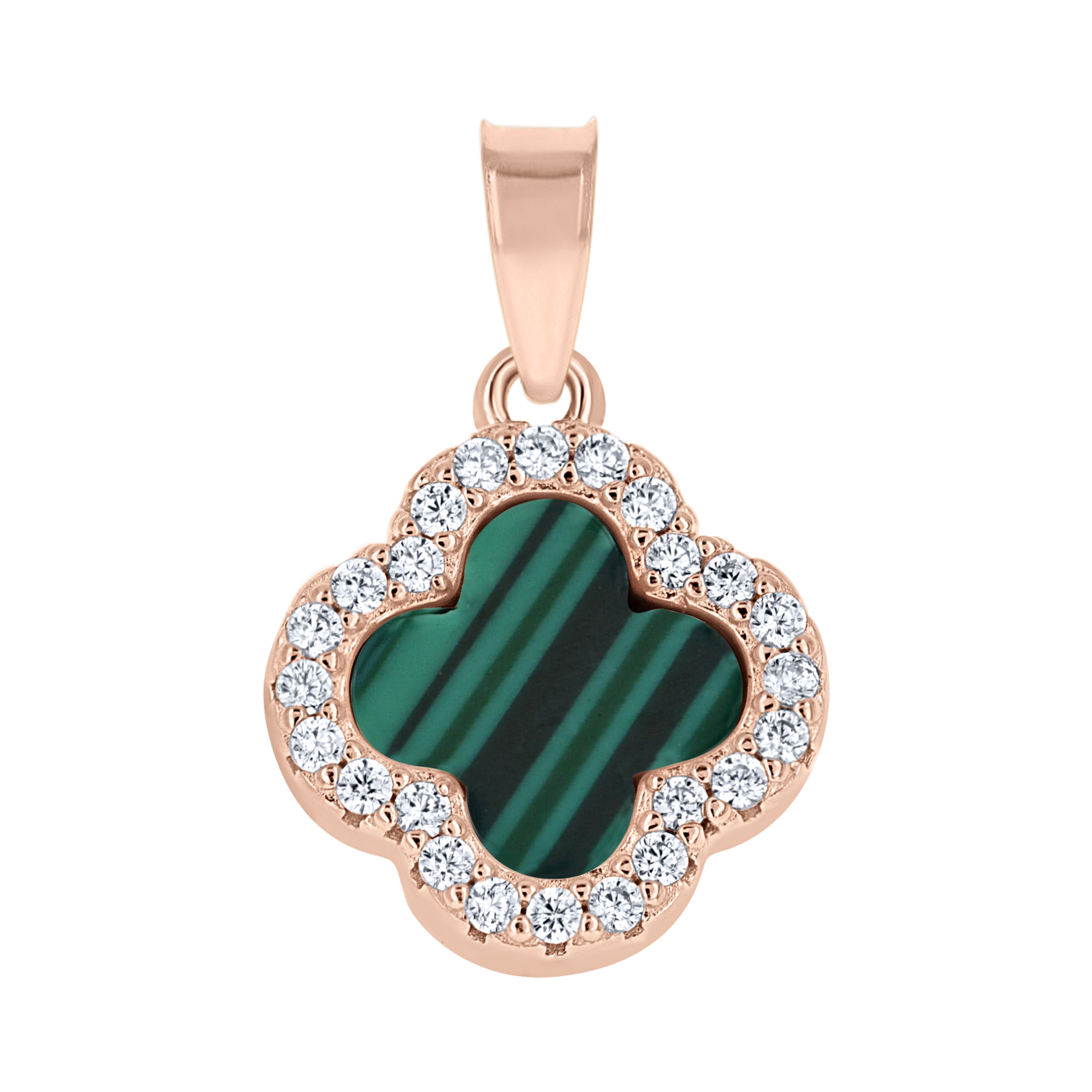 925 Sterling Silver Rose-Tone Womens Cubic-Zirconia Green Enameled Clover Good Luck Pendant 