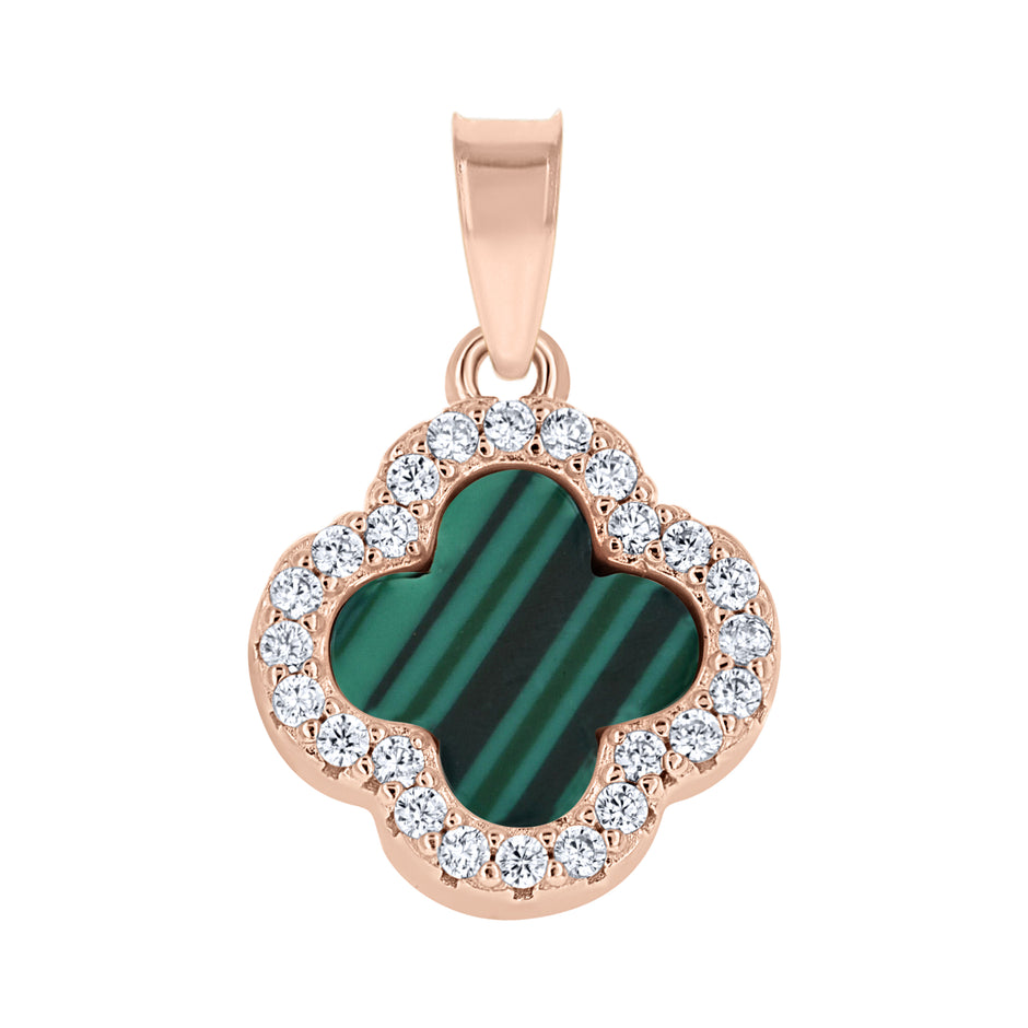 925 Sterling Silver Rose-Tone Womens Cubic-Zirconia Green Enameled Clover Good Luck Pendant 