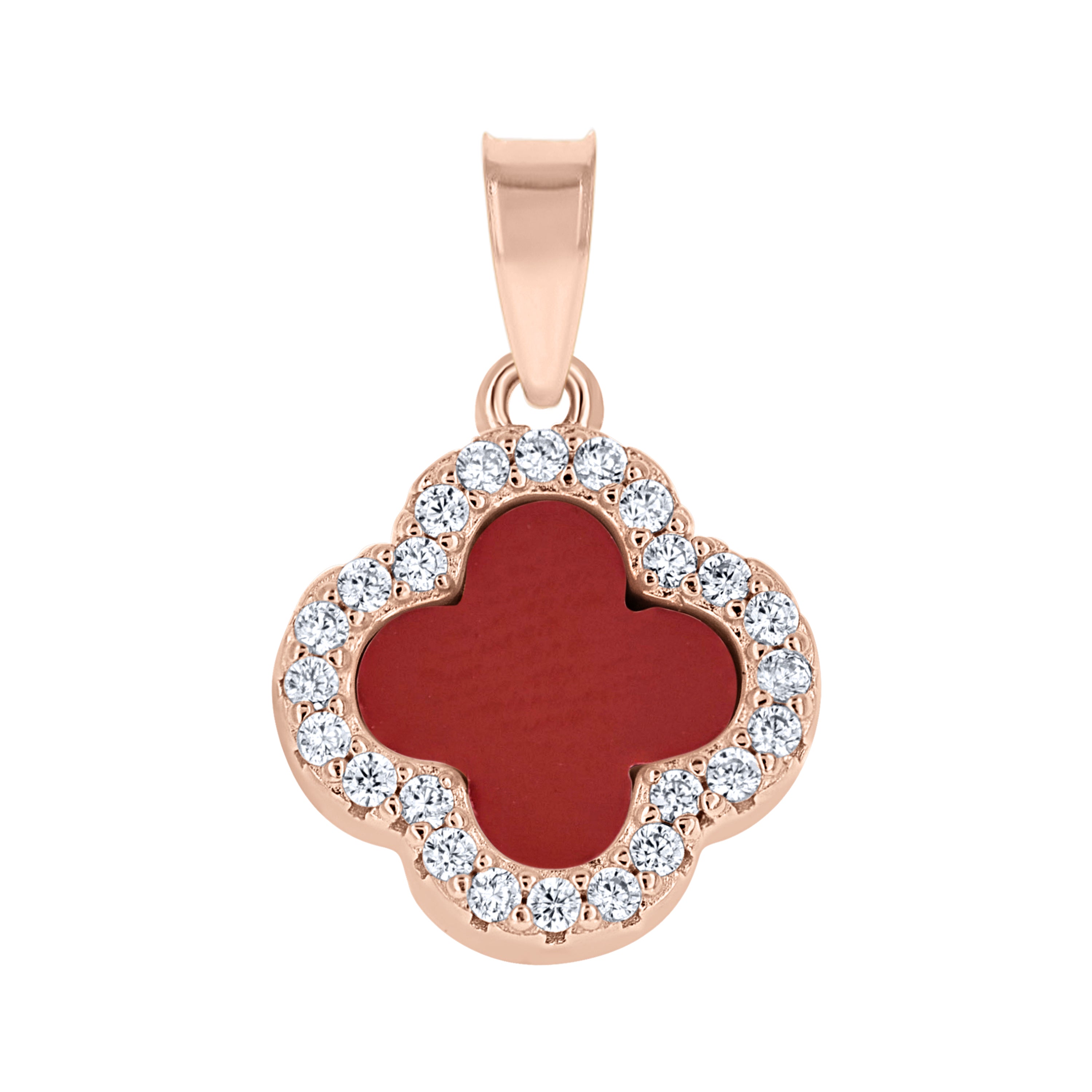 925 Sterling Silver Rose-Tone Womens Cubic-Zirconia Red Enameled Clover Good Luck Pendant 