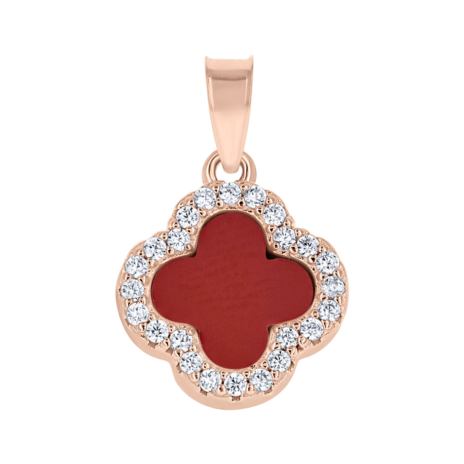 925 Sterling Silver Rose-Tone Womens Cubic-Zirconia Red Enameled Clover Good Luck Pendant 
