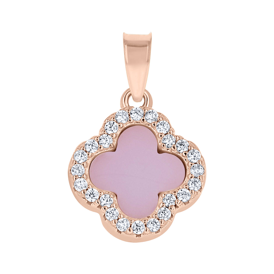 925 Sterling Silver Rose-Tone Womens Cubic-Zirconia Pink Enameled Clover Good Luck Pendant 