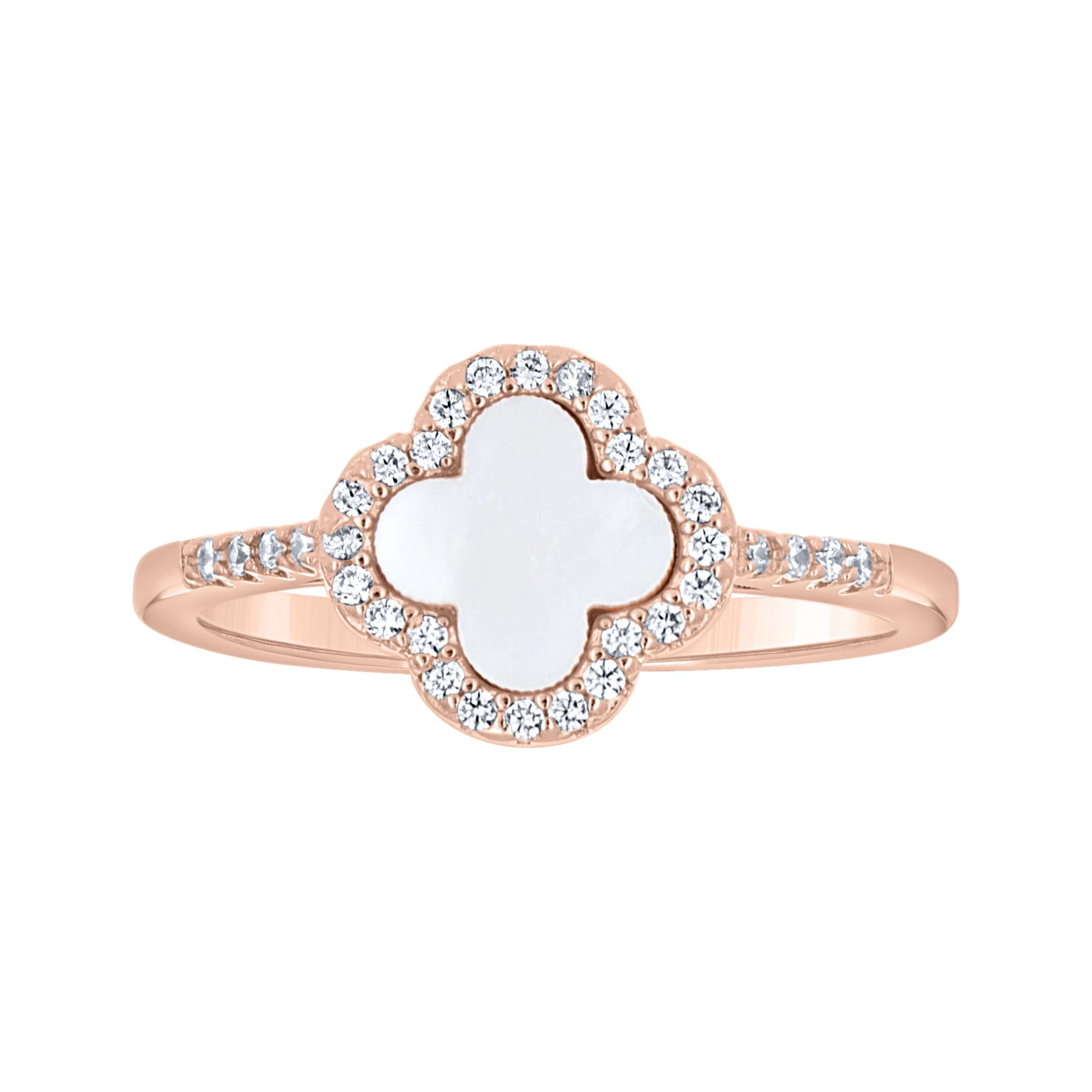 925 Sterling Silver Rose-Tone Womens Cubic-Zirconia White Enameled Clover Good Luck Ring Size 5