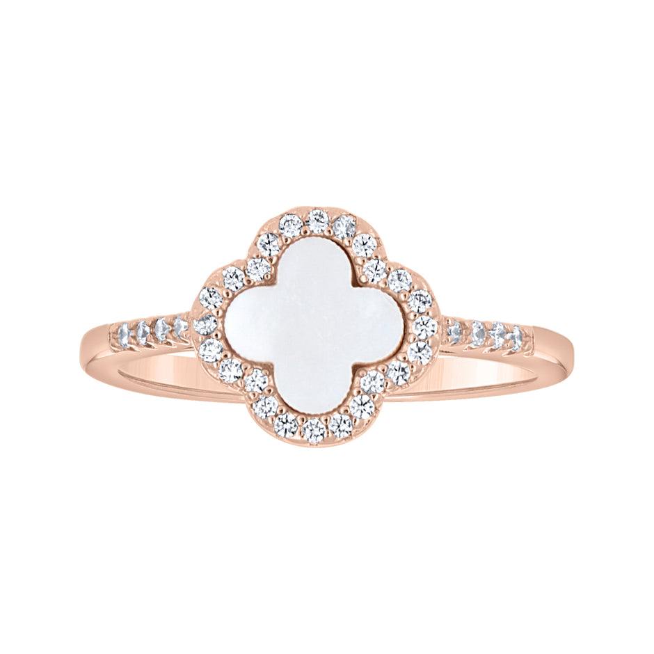 925 Sterling Silver Rose-Tone Womens Cubic-Zirconia White Enameled Clover Good Luck Ring Size 10 - SLV-143226