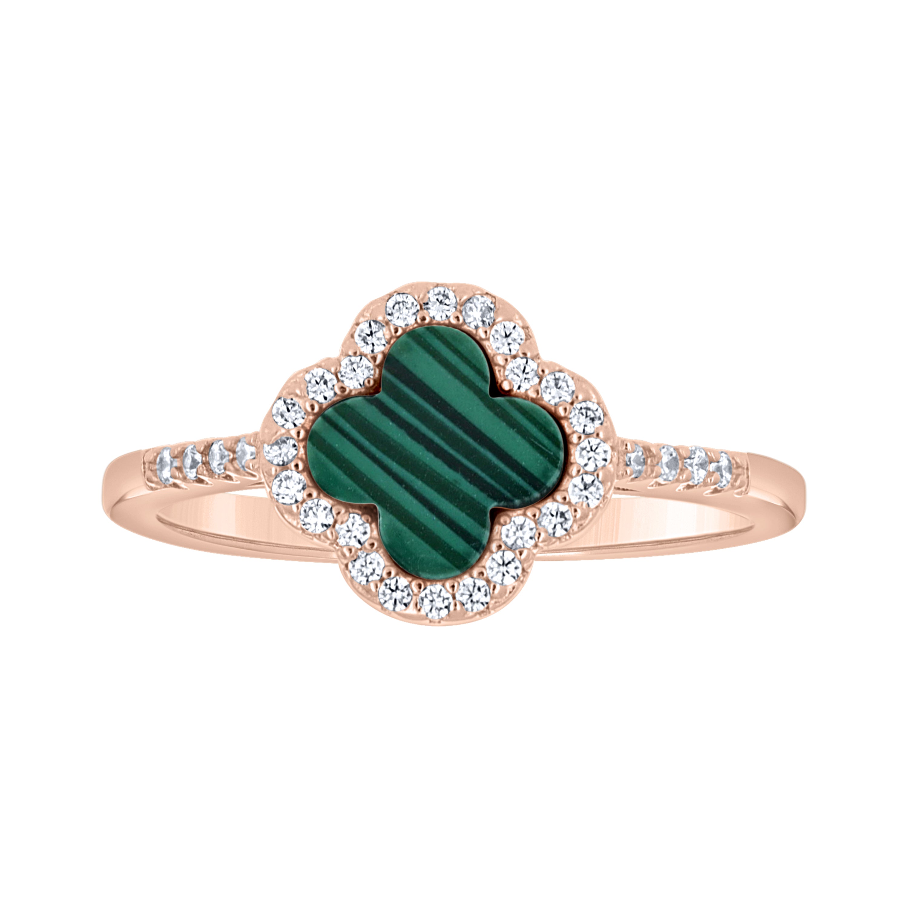 925 Sterling Silver Rose-Tone Womens Cubic-Zirconia Green Enameled Clover Good Luck Ring Size 10 - SLV-143233