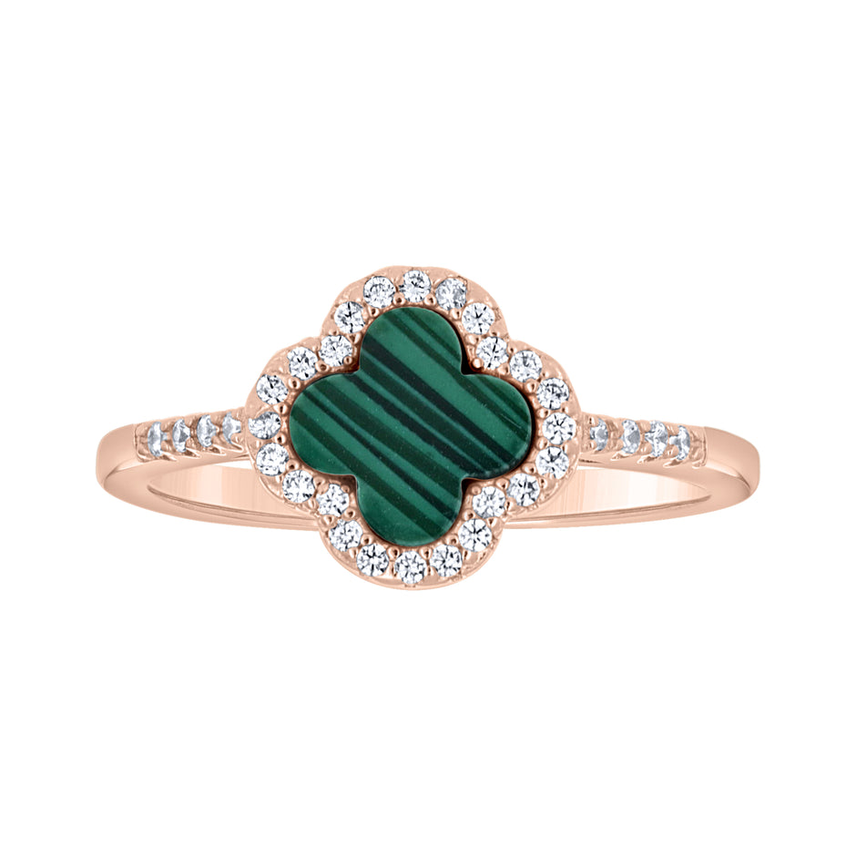 925 Sterling Silver Rose-Tone Womens Cubic-Zirconia Green Enameled Clover Good Luck Ring Size 7 - SLV-143230